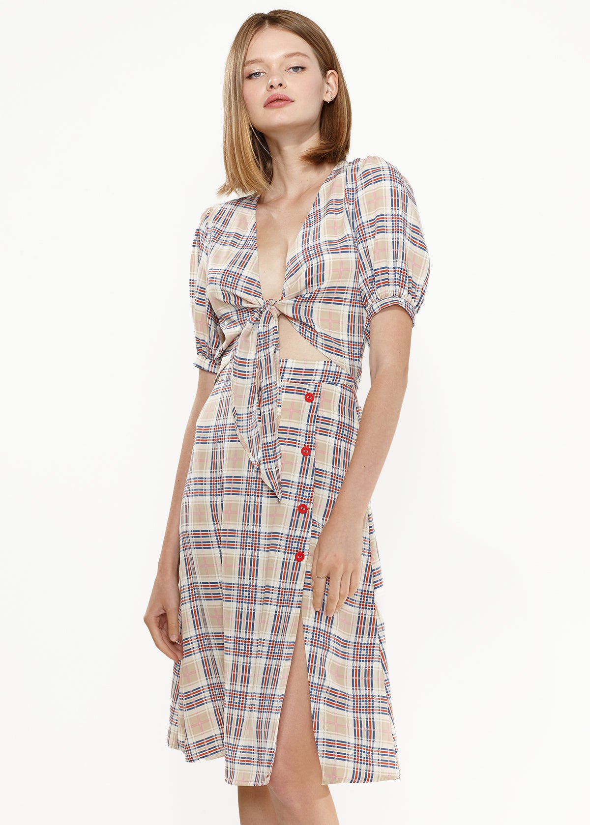 Nurode Multi Check Front Tie Hem Blouse