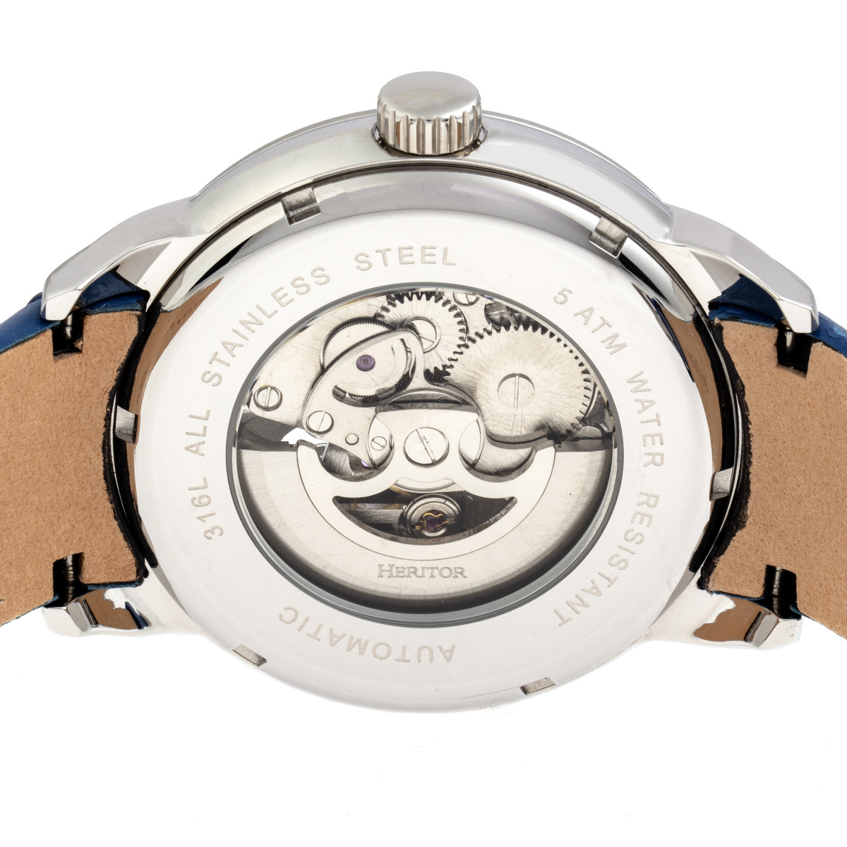 Heritor Automatic - Sanford Semi-Skeleton Leather-Band Watch - Silver/Blue