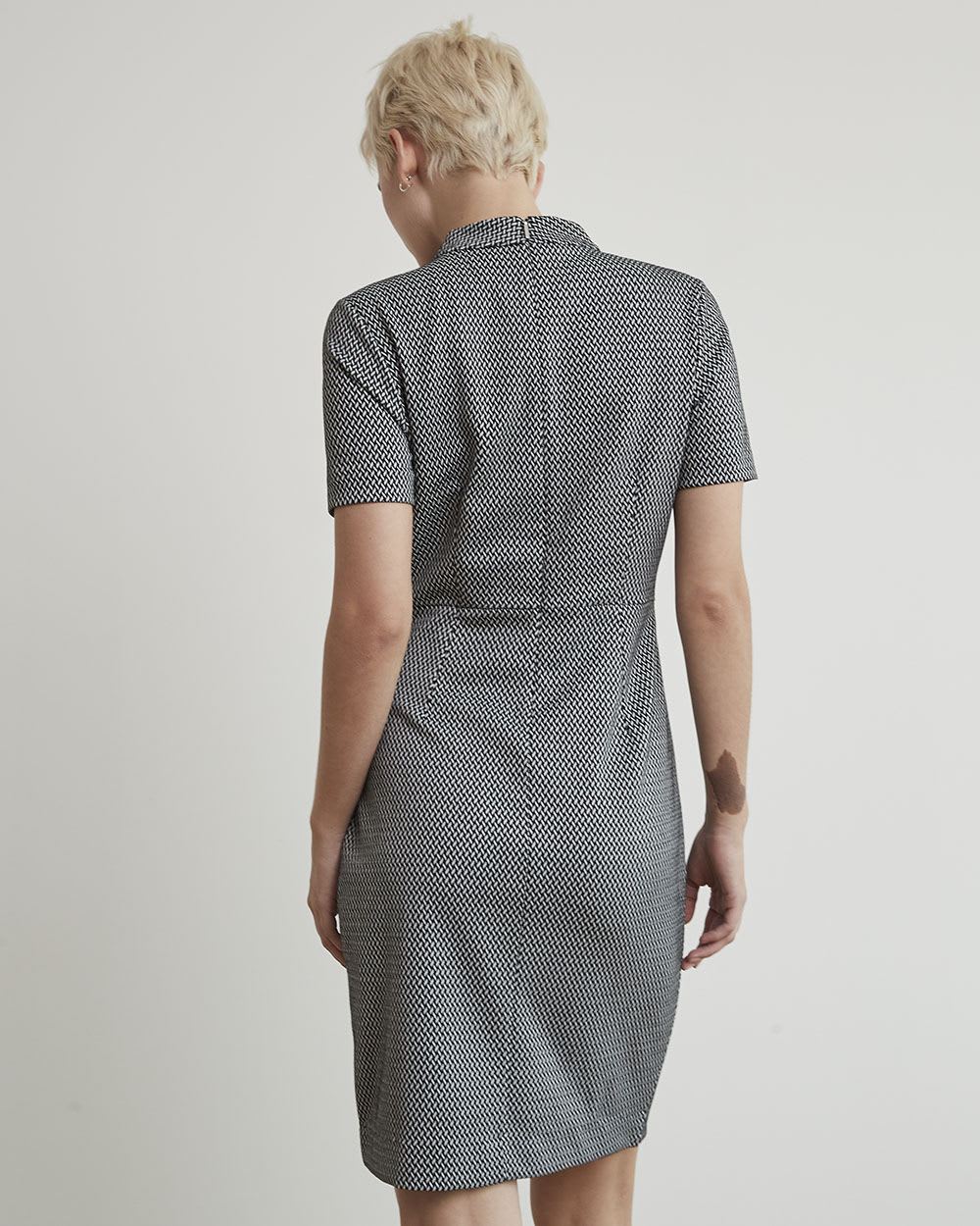 Short-Sleeve Herringbone Dress with Wrap Skirt