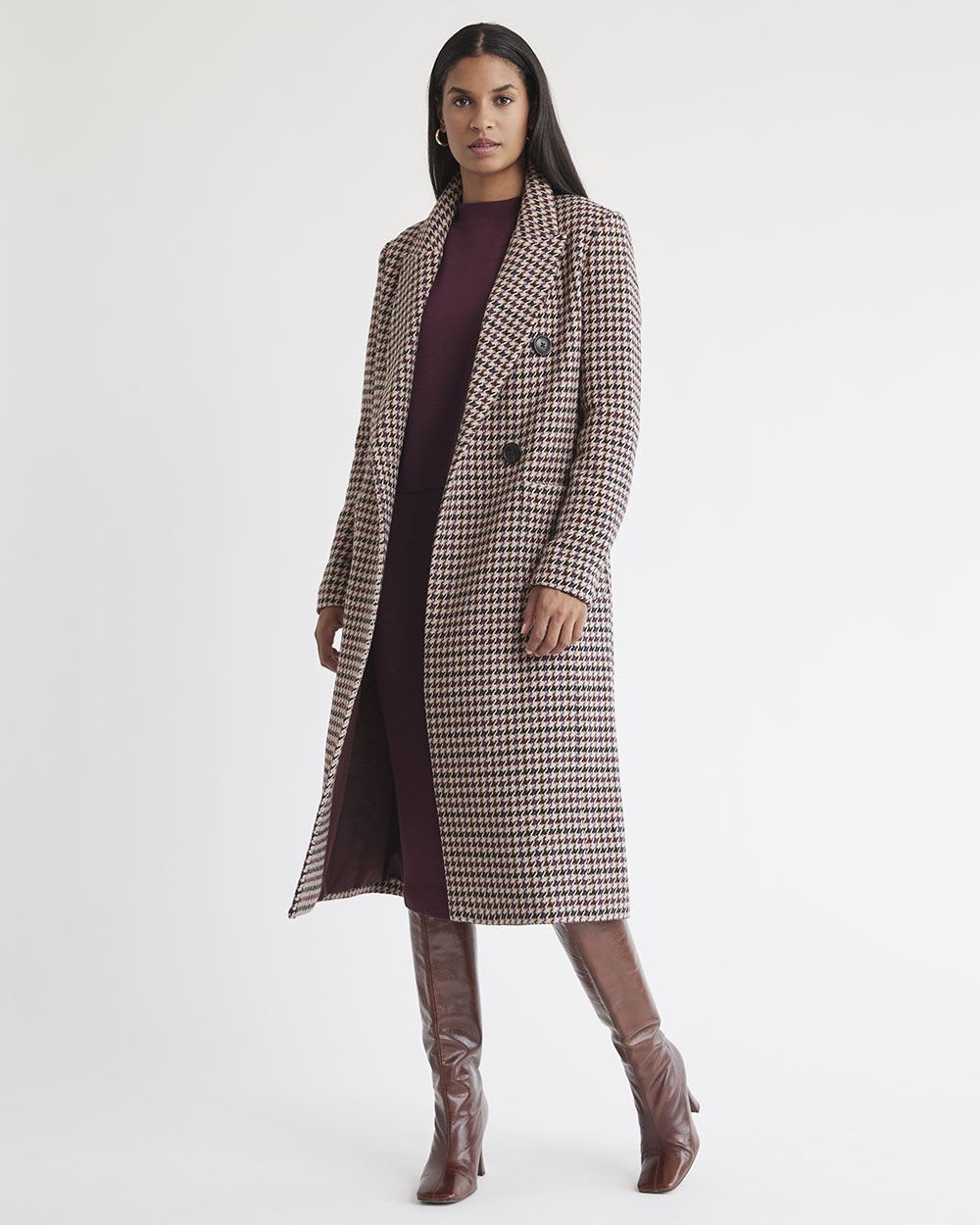 Houndstooth Long Double-Breasted Wool Coat