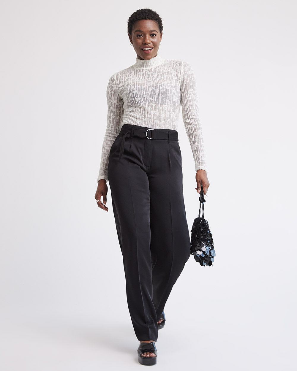 Long-Sleeve Mock-Neck Wool Lace Top