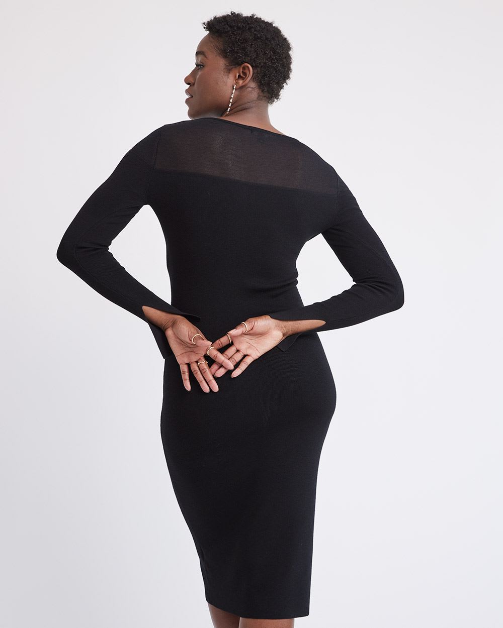 Long-Sleeve Crew-Neck Midi Dress with Sheer Yoke