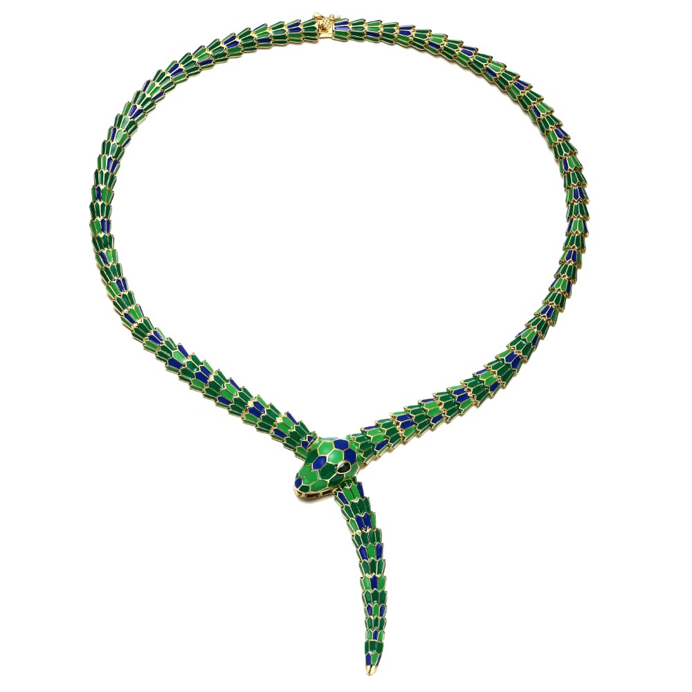 RG 14k Yellow Gold Plated with Emerald Cubic Zirconia Blue & Green Enamel Coiled Serpent Snake Stiff Collar Necklace