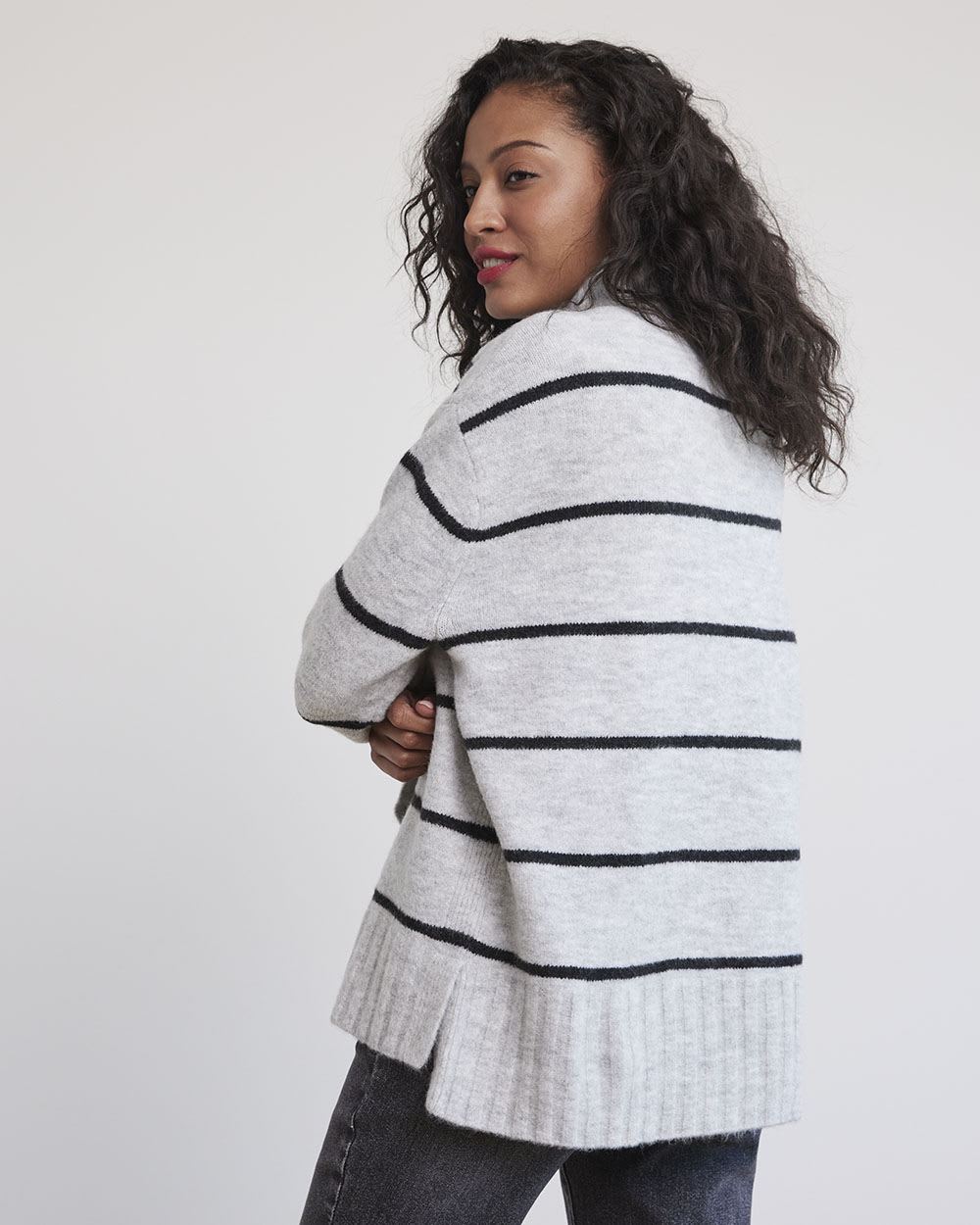 Relaxed-Fit Long-Sleeve Mock-Neck Striped Sweater