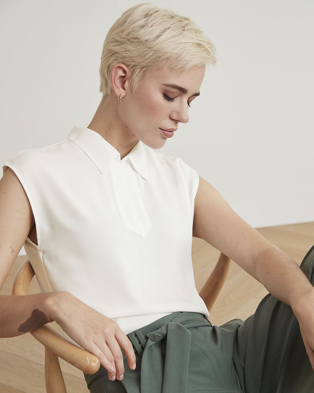 White Mix-Media Tee with Shirt Collar