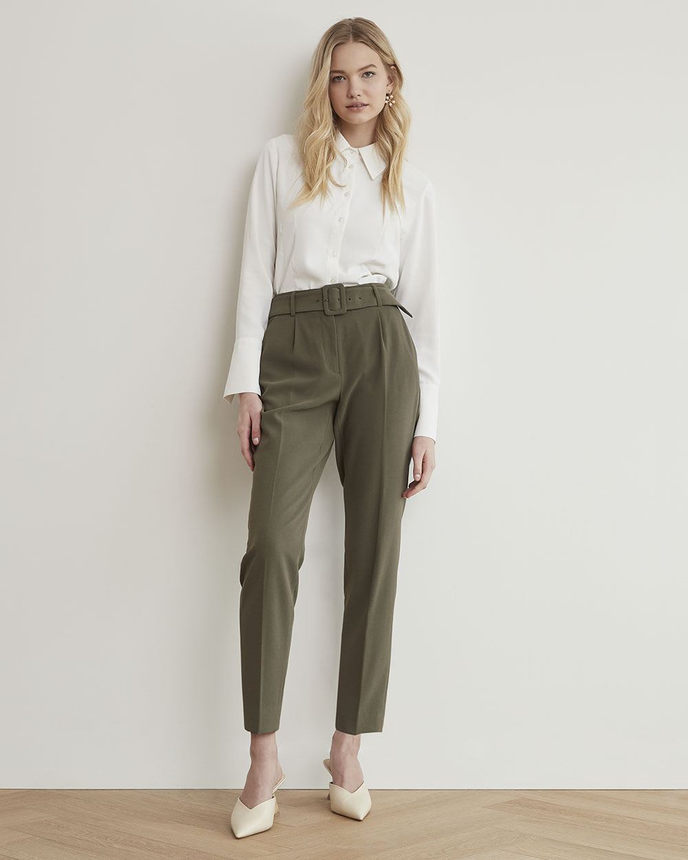 High-Rise Tapered Ankle Leg Crepe Pant With Belt