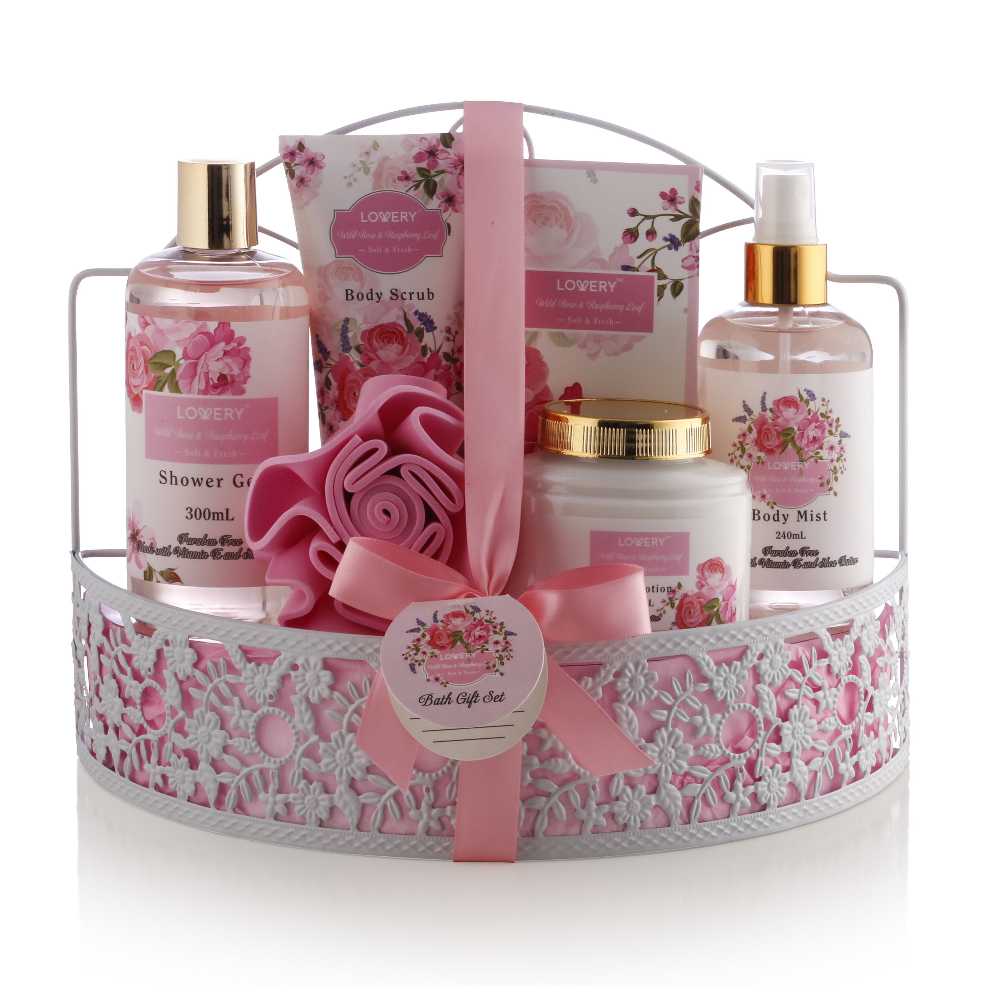 Lovery Home Spa Gift Basket - Wild Rose & Raspberry Leaf Scent - 7pc