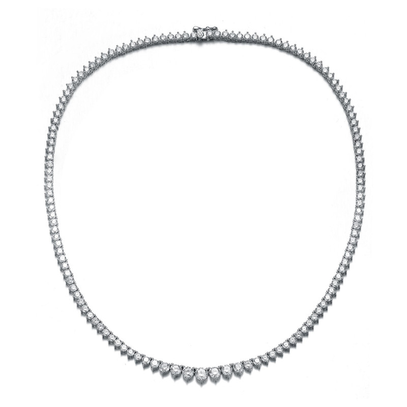 Sterling Silver White Gold Plating with Clear Cubic Zirconia Graduated Tennis Chain Necklace