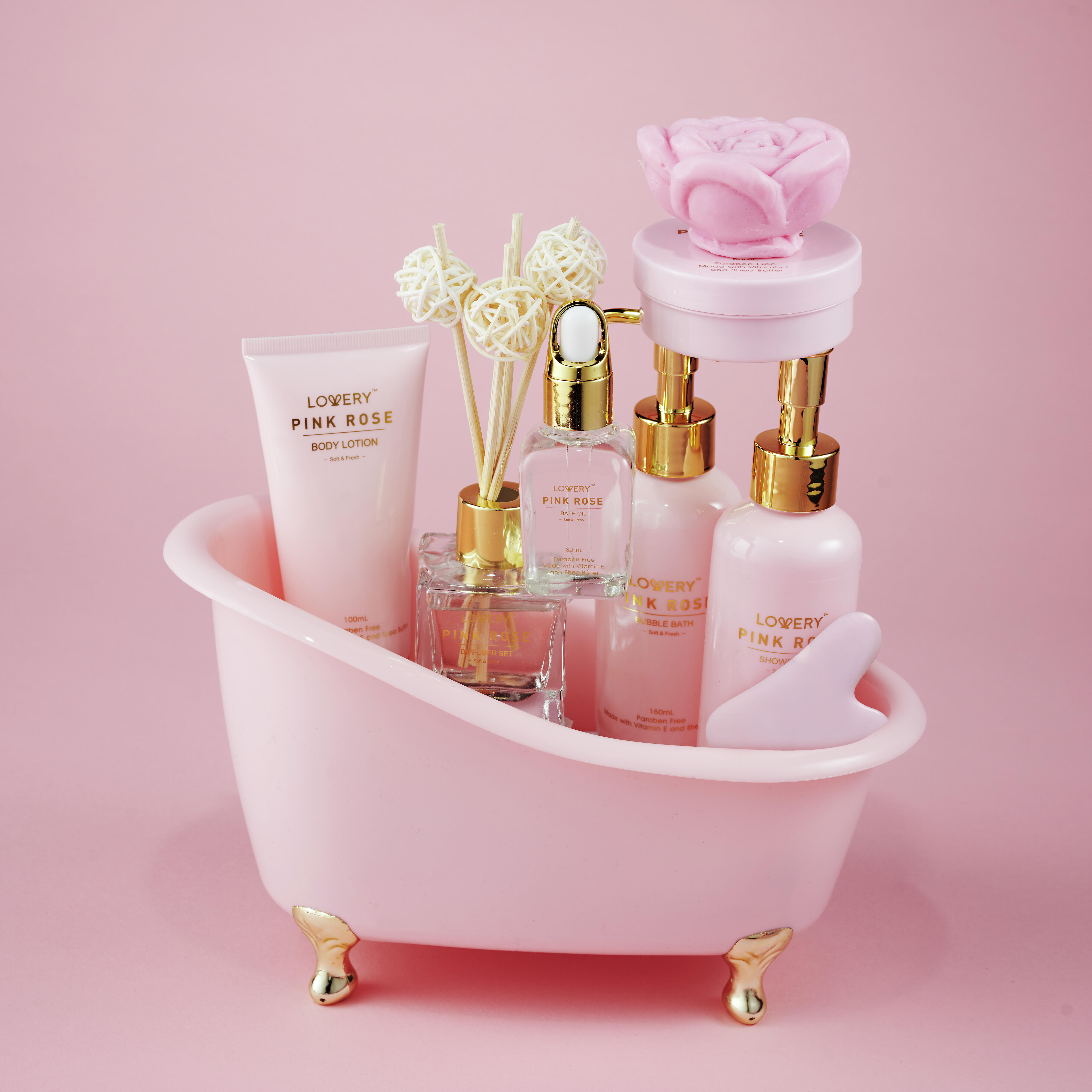 Lovery Luxury Spa Kit, 18pc Pink Rose Relaxing Basket With Perfumes, Gua Sha And More