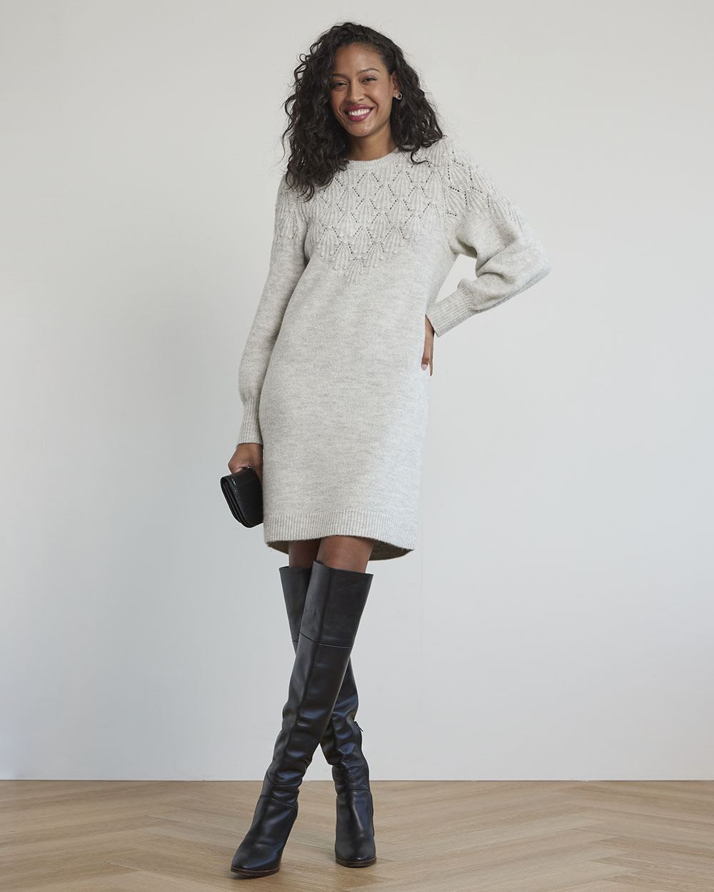 Long-Sleeve Crew-Neck Dress with Pompom Stitches