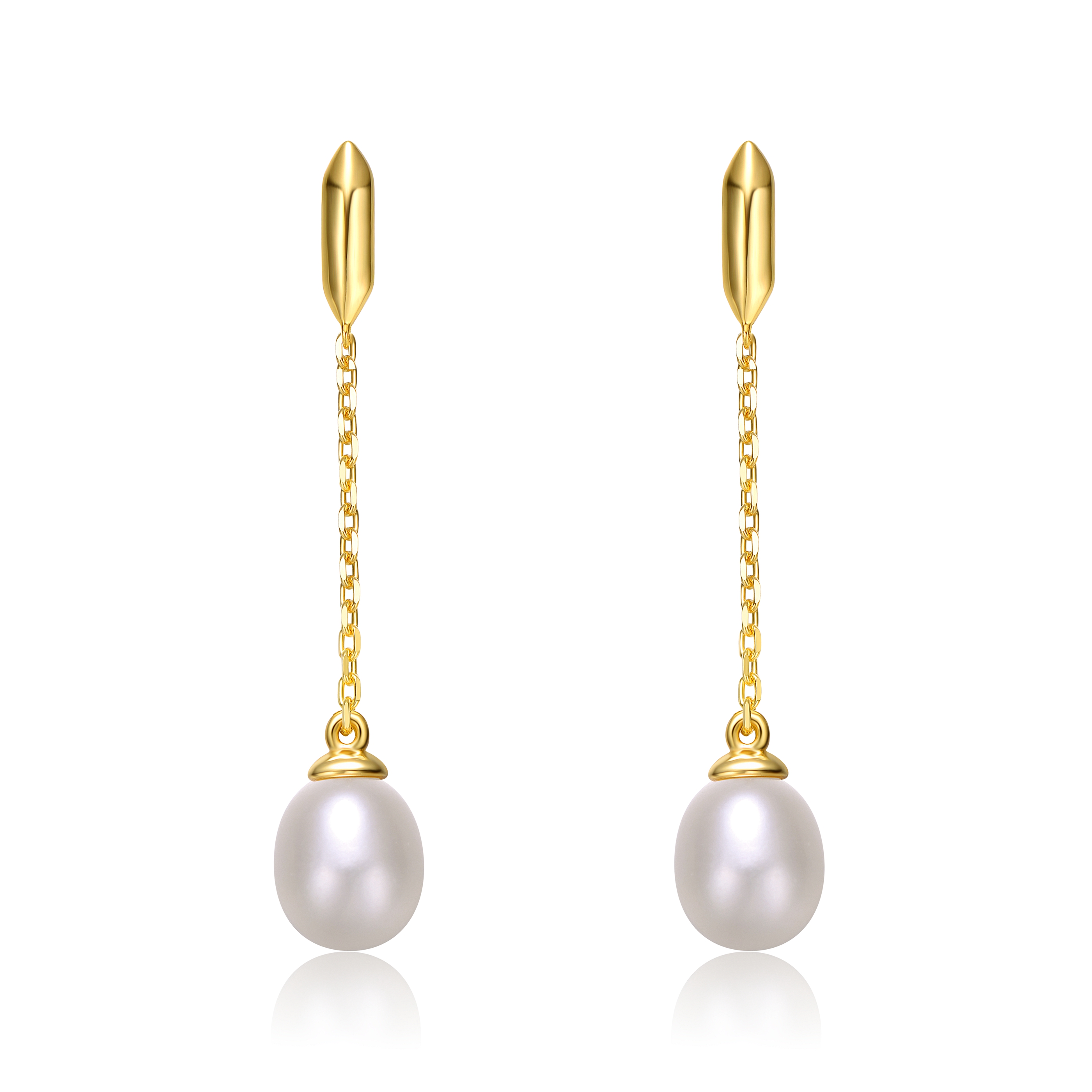 Sterling Silver 14k Yellow Gold Plated with White Pearl Linear Dangle Drop Cable Chain Earrings