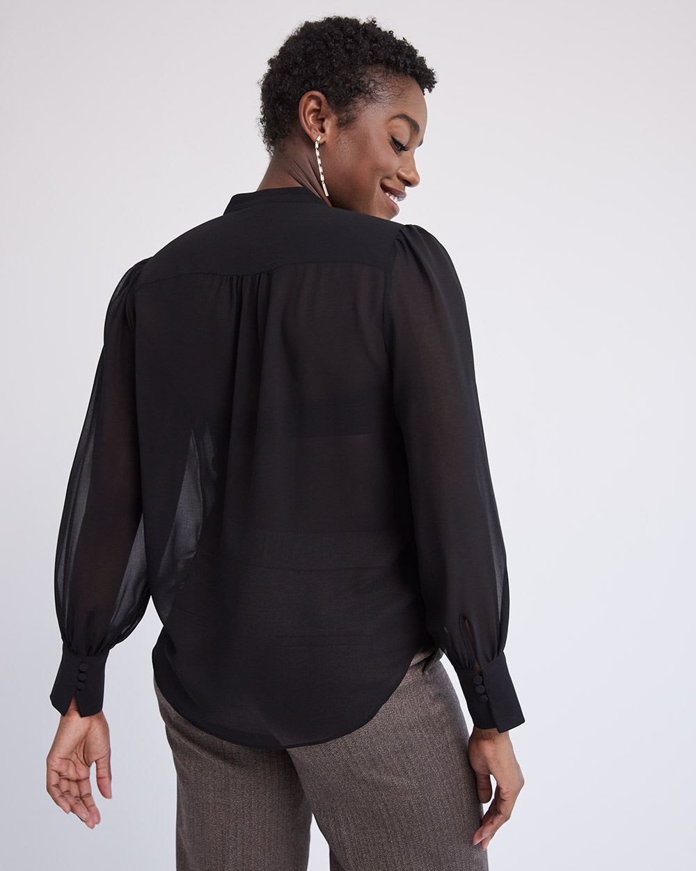 Long-Sleeve Buttoned-Down Jabot Blouse