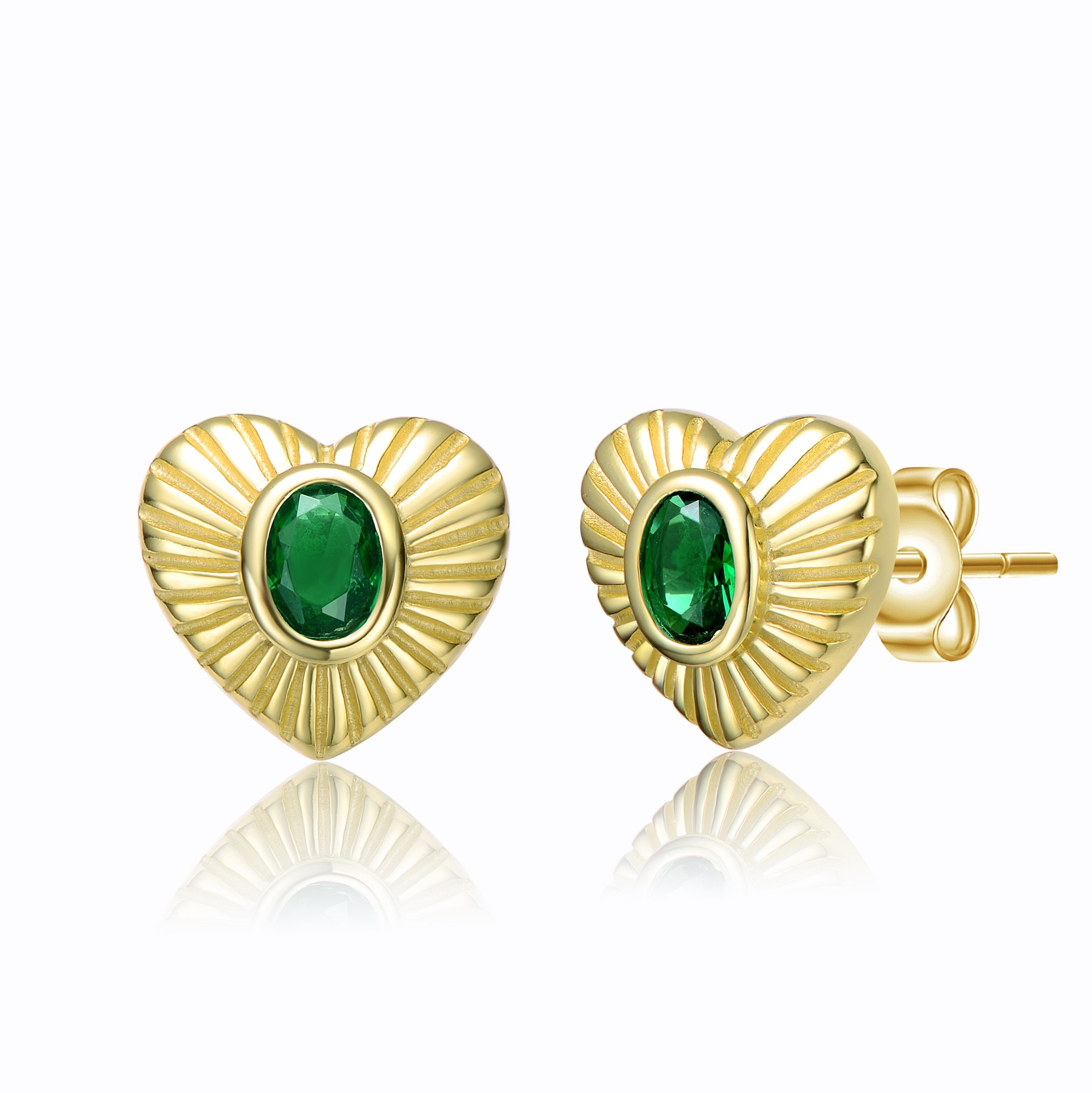 GV Sterling Silver 14k Yellow Gold Plated with Emerald Cubic Zirconia Sunray Heart Stud Earrings