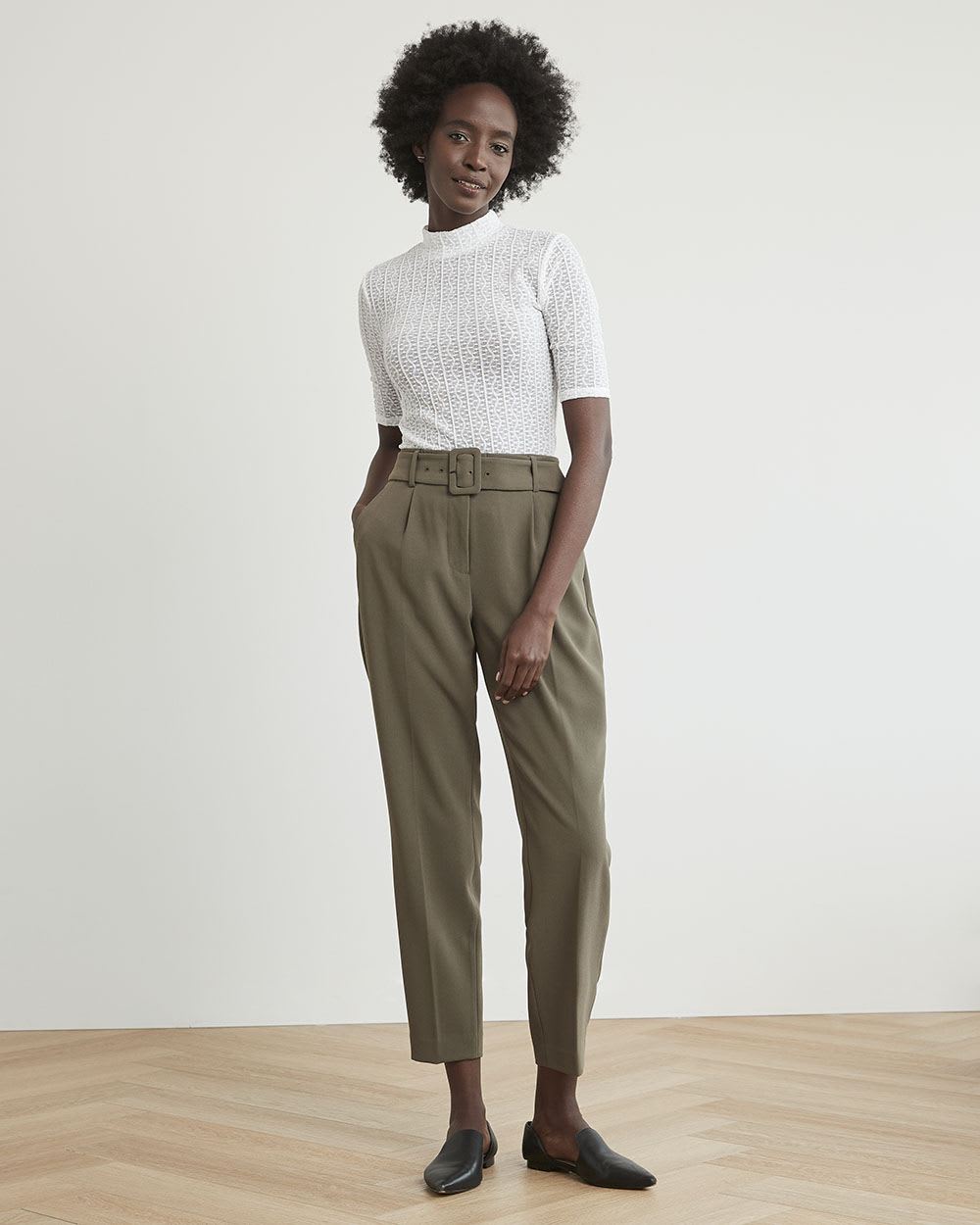 Elbow-Sleeve Sheer Lace Tee with Mock Neckline