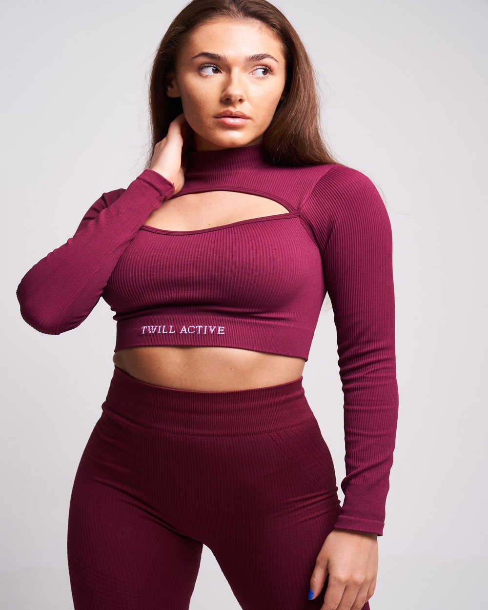 Twill Active - Viyella Recycled Rib High Neck Long Sleeve Crop Top - Burgundy