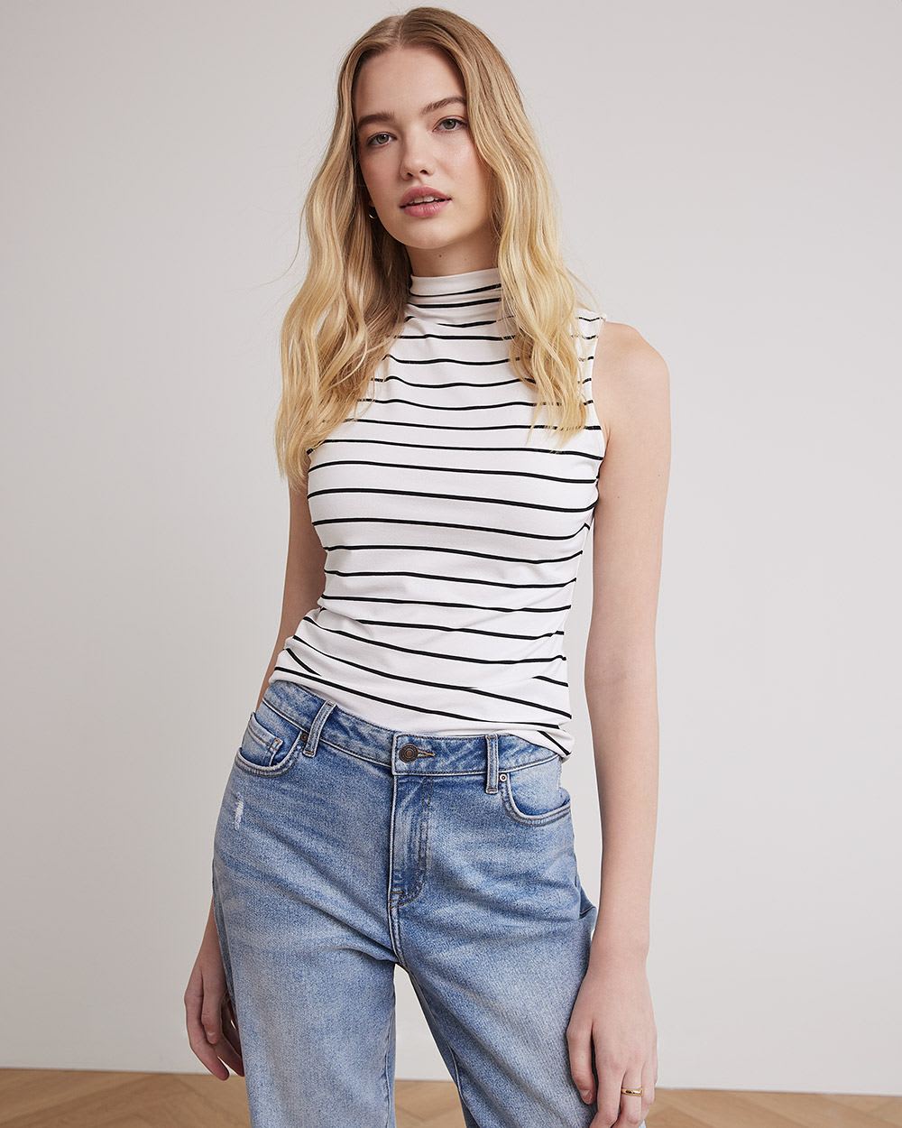 Sleeveless Mock-Neck Striped Bodycon Top