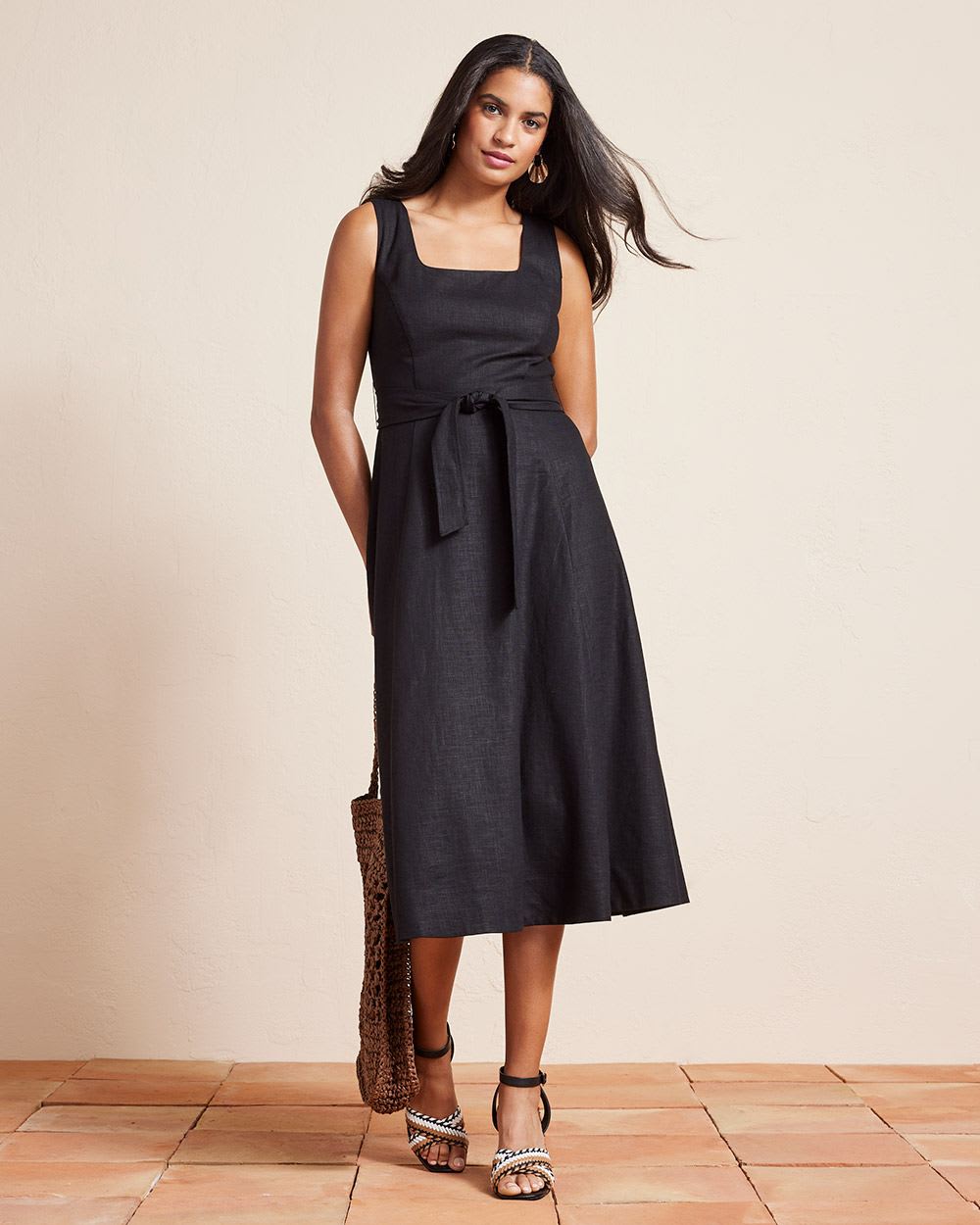 Sleeveless Square-Neck Linen Fit and Flare Dress