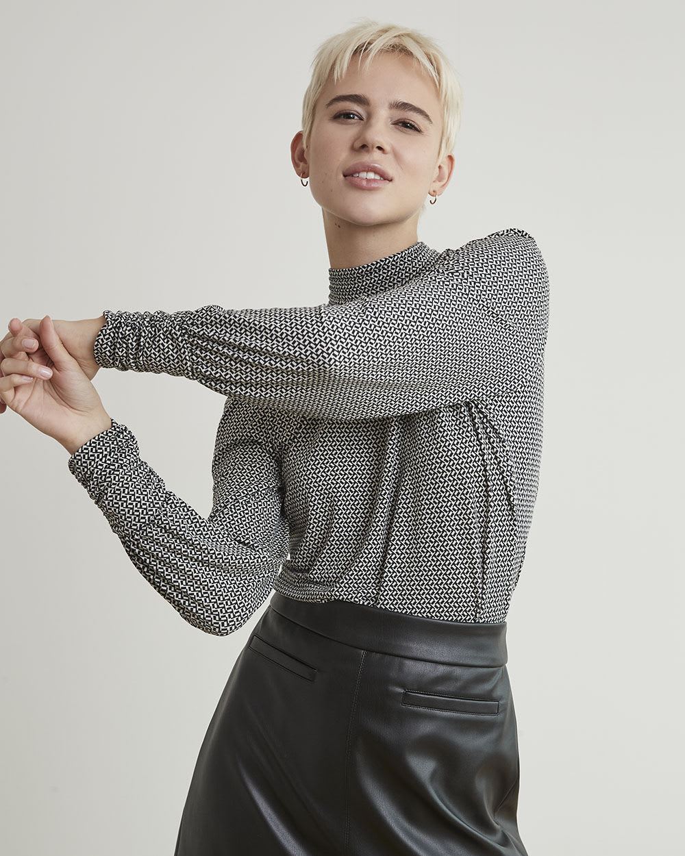 Mock-Neck T-Shirt with Long Puffy Sleeves