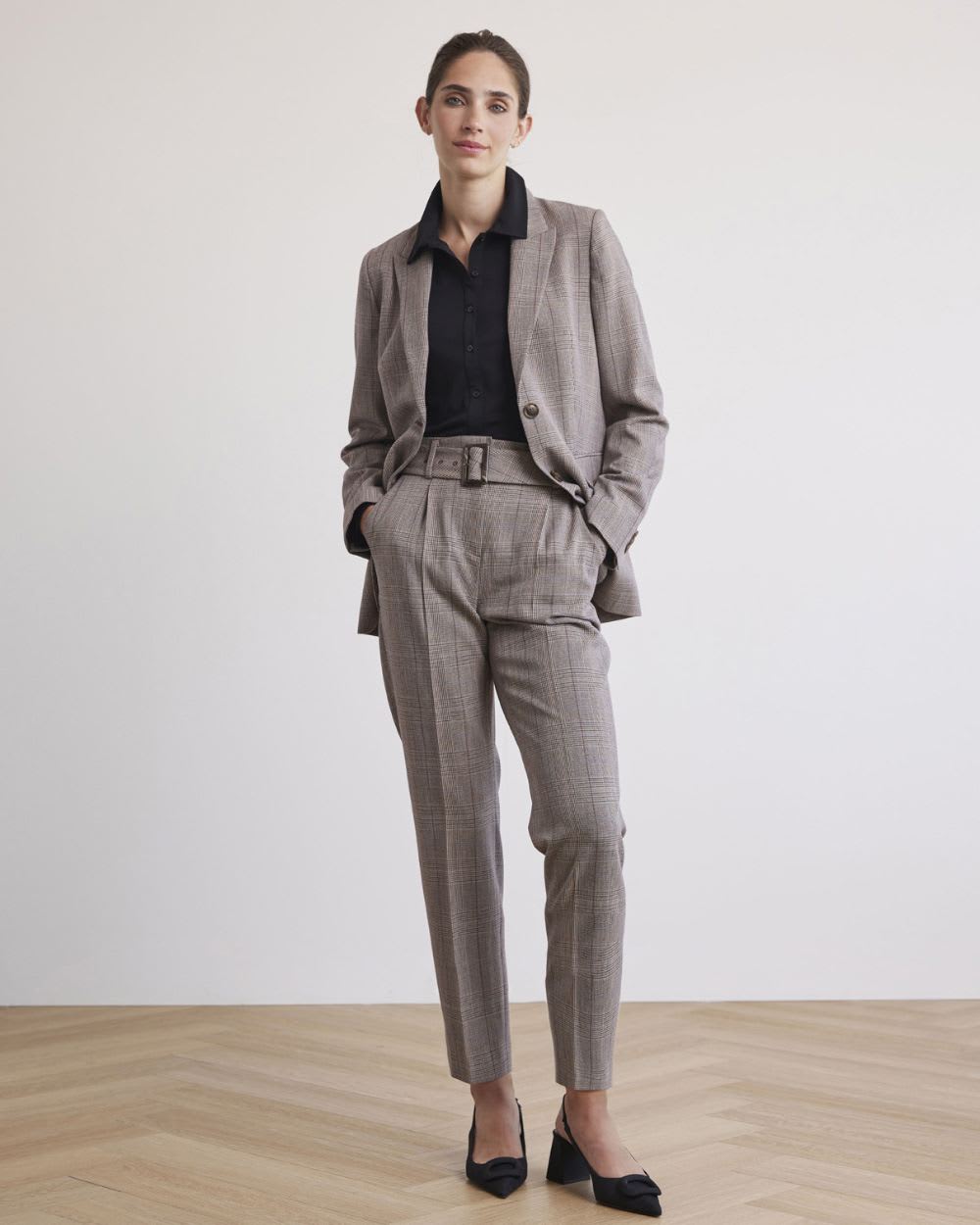 Tapered-Leg High-Rise Plaid Ankle Pant with Belt
