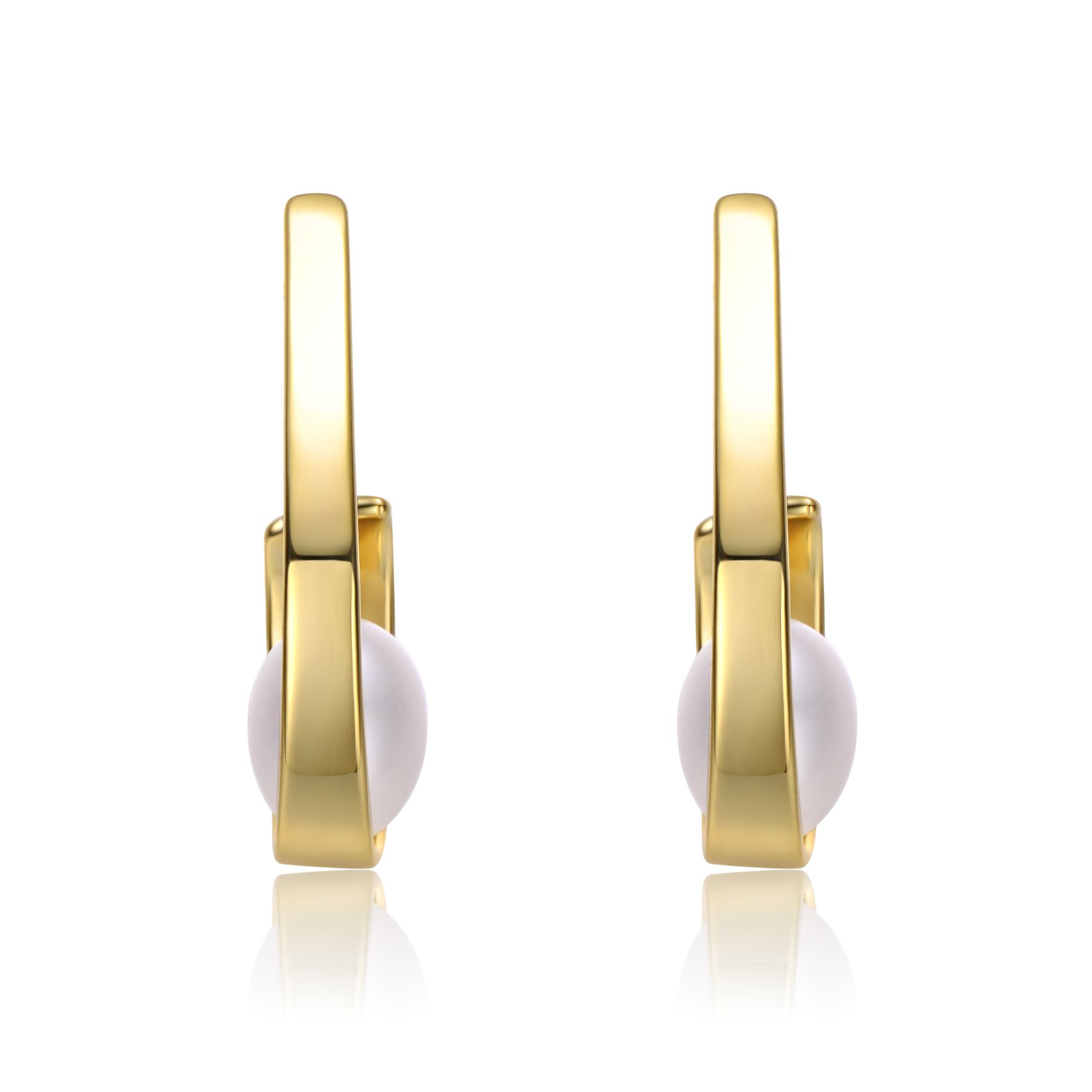 Sterling Silver 14k Yellow Gold Plated with White Pearl Ribbon Half-Hoop Drop Earrings