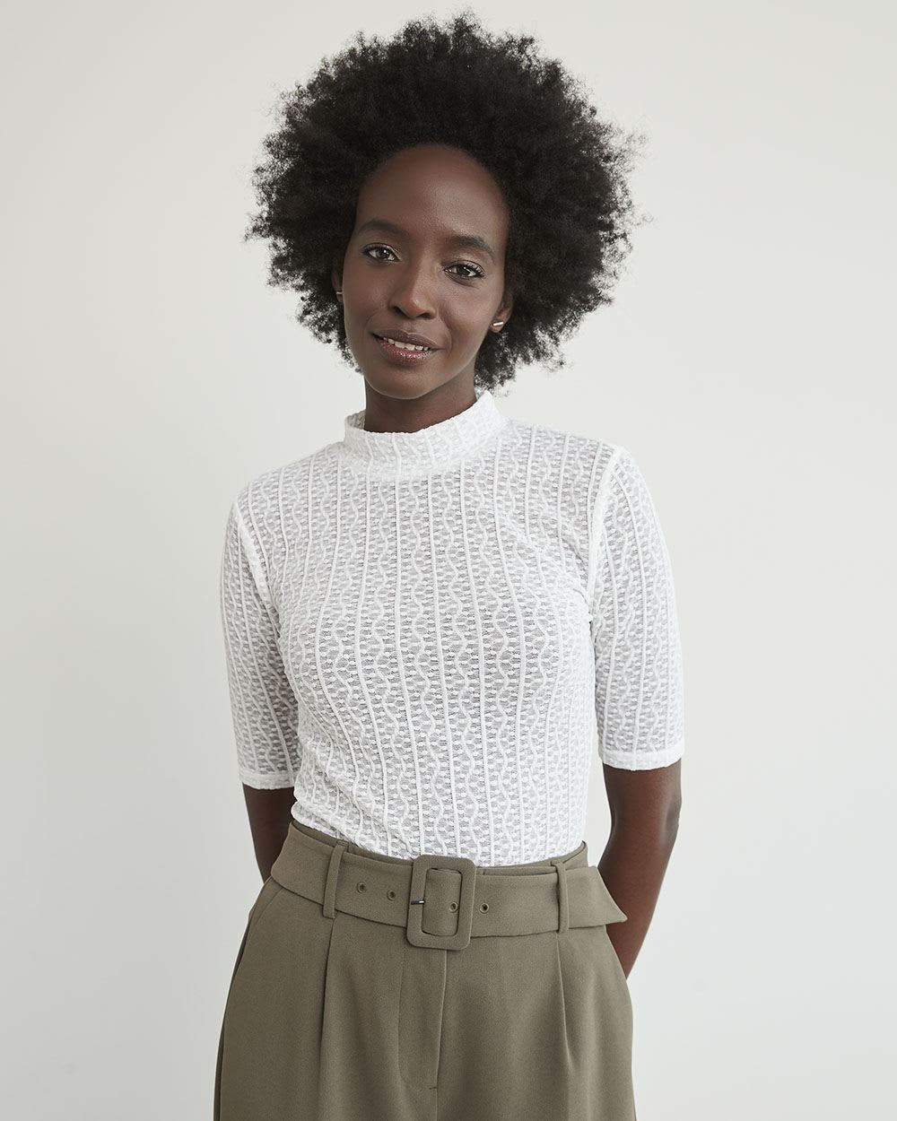 Elbow-Sleeve Sheer Lace Tee with Mock Neckline