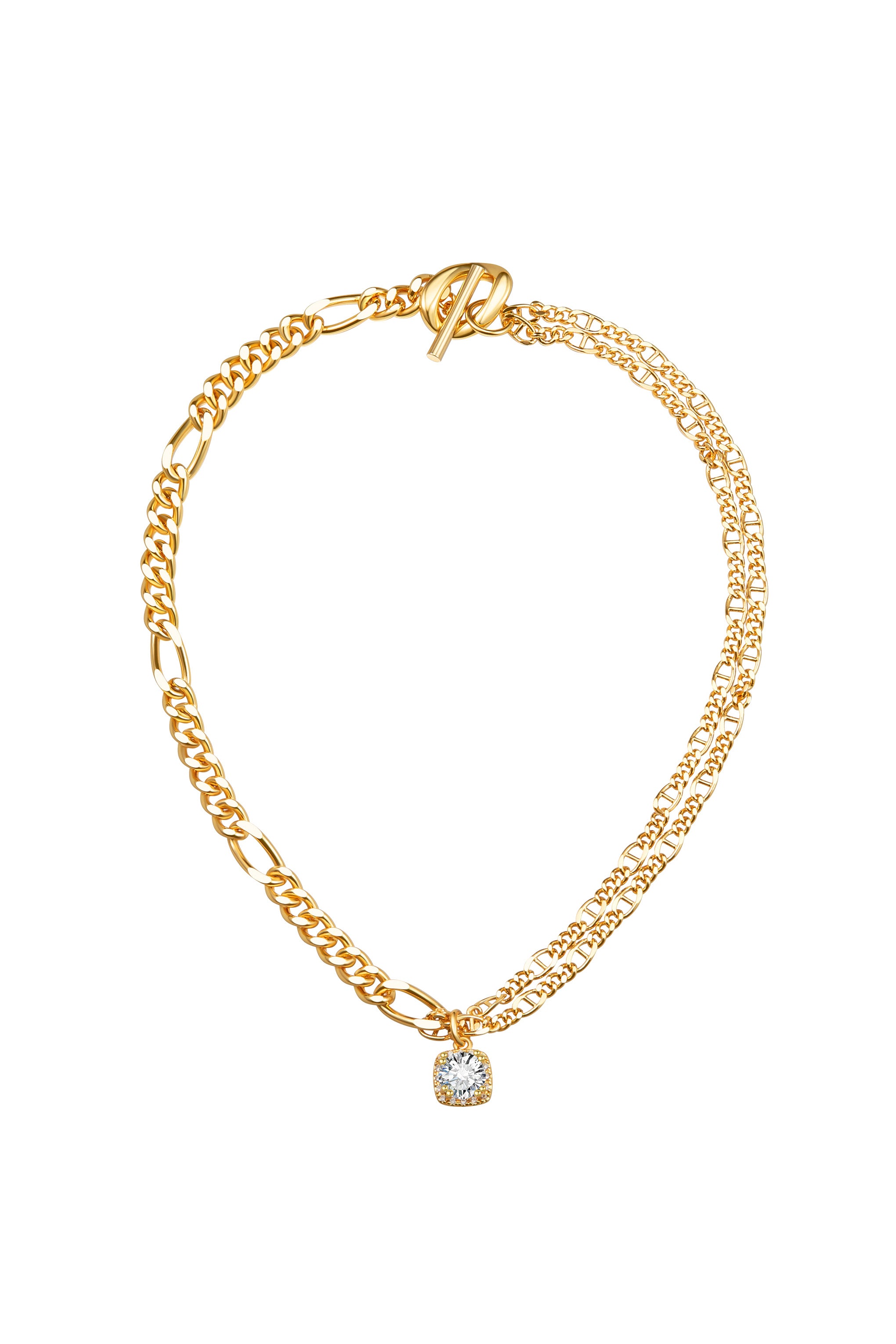 Classicharms-Gold Double Layered Solitaire Zirconia Pendant Necklace