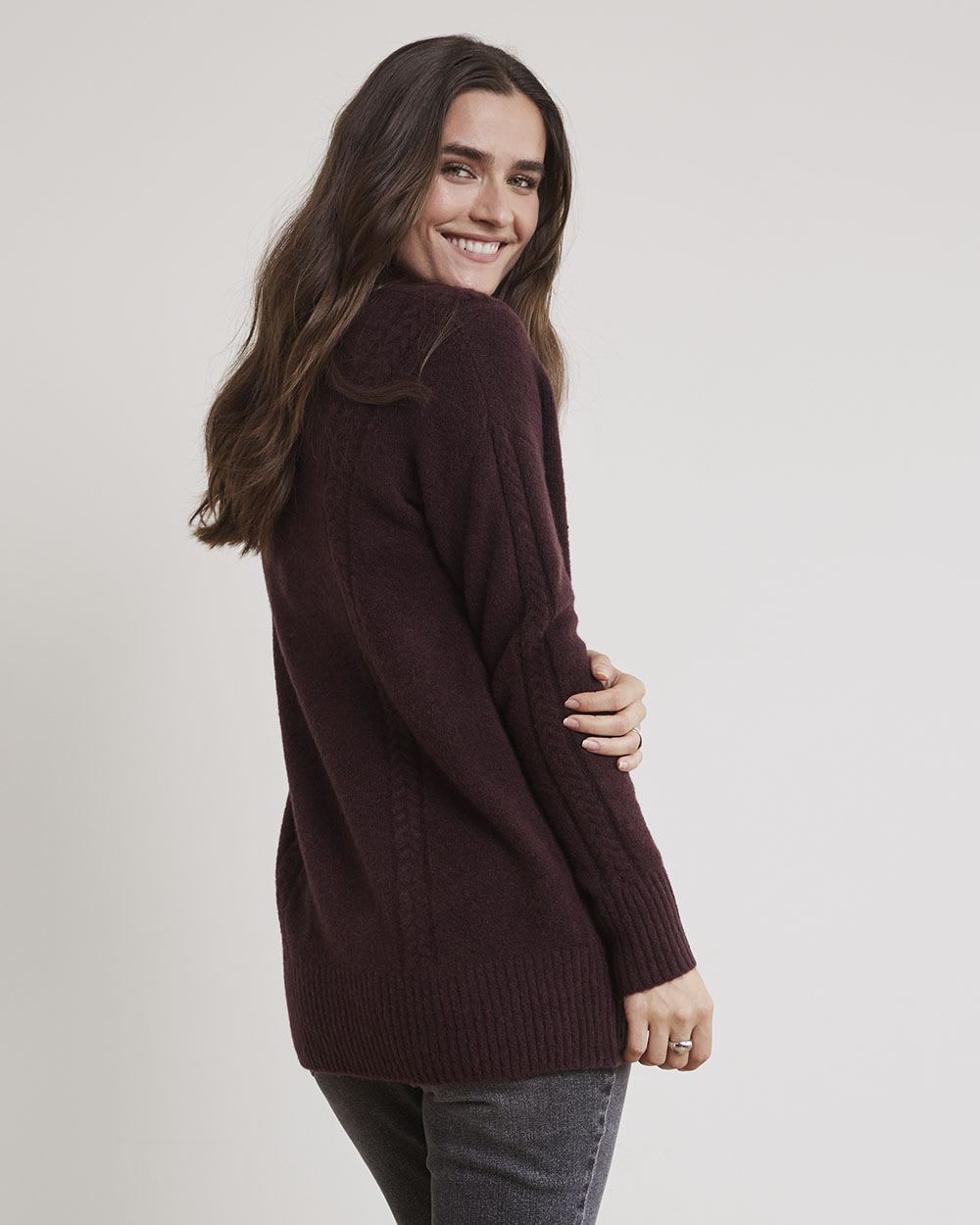Merino-Blend V-Neck Tunic with Cable Stitches