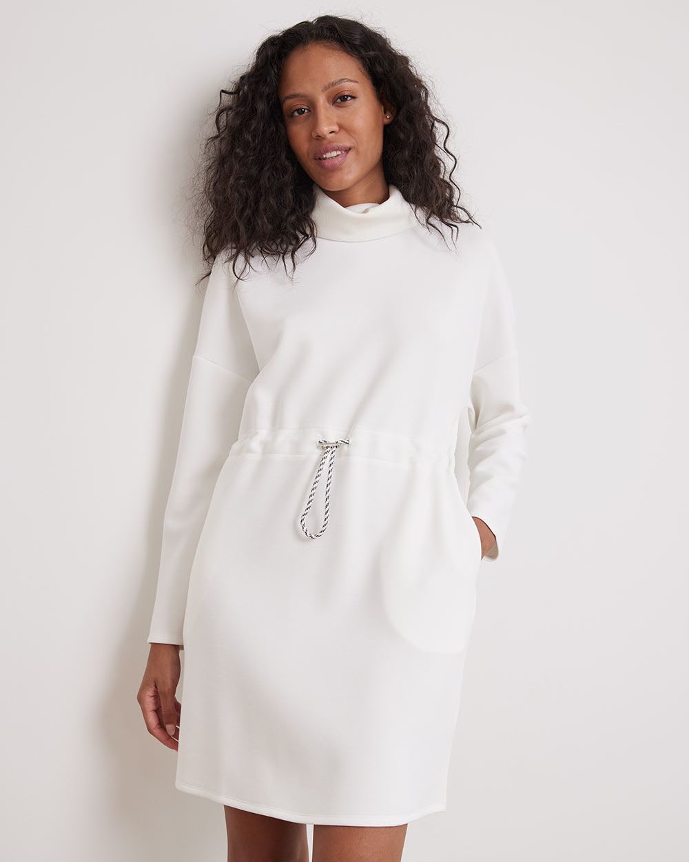 Long-Sleeve Mock-Neck Straight Dress with Adjustable Waist