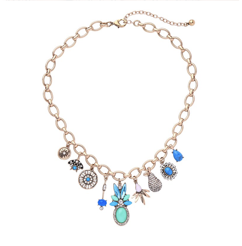 Vintage Brass Blue Mix Turquoise and Pineapple Charm Statement Necklace - Don't AsK