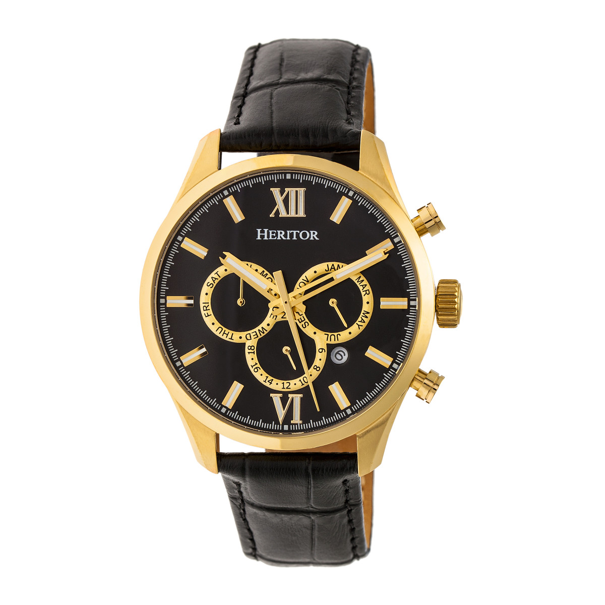 Heritor Automatic - Benedict Leather-Band Watch w/ Day/Date - Gold/Black