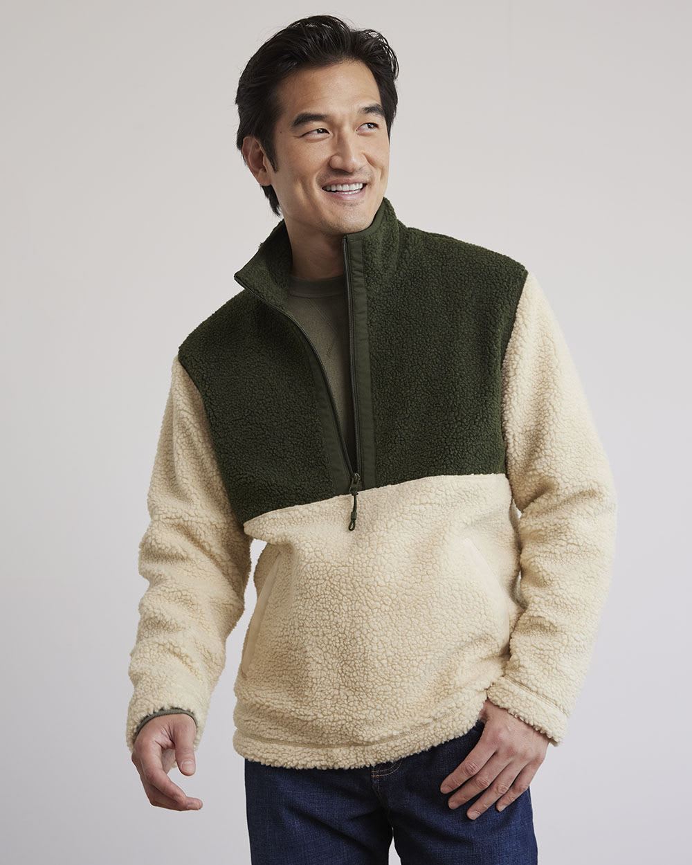 Long-Sleeve Half-Zip Mock-Neck Sherpa Pullover