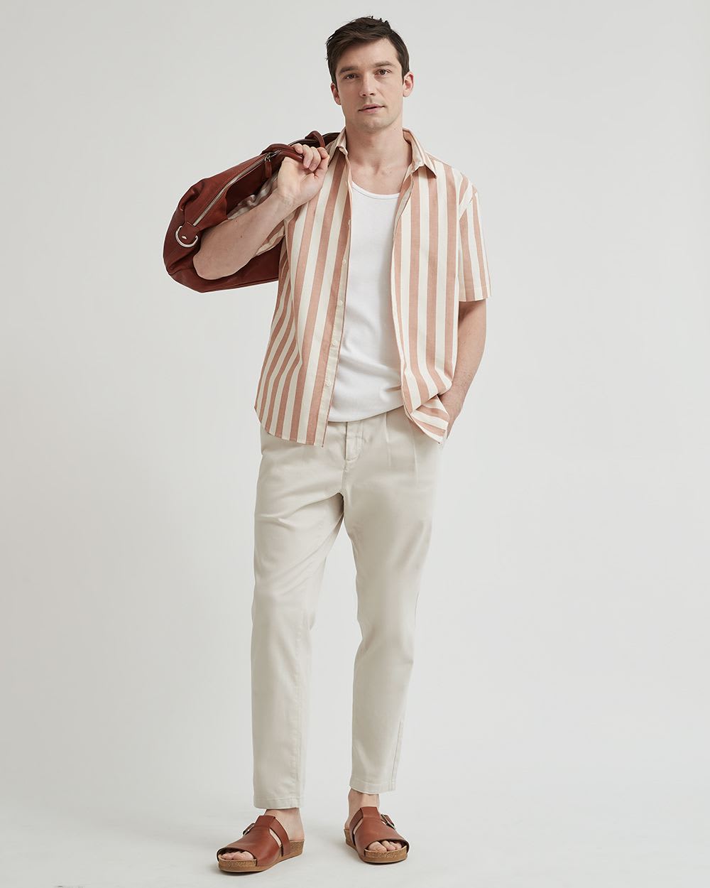 Short-Sleeve Cotton Oxford Shirt with Large Stripes