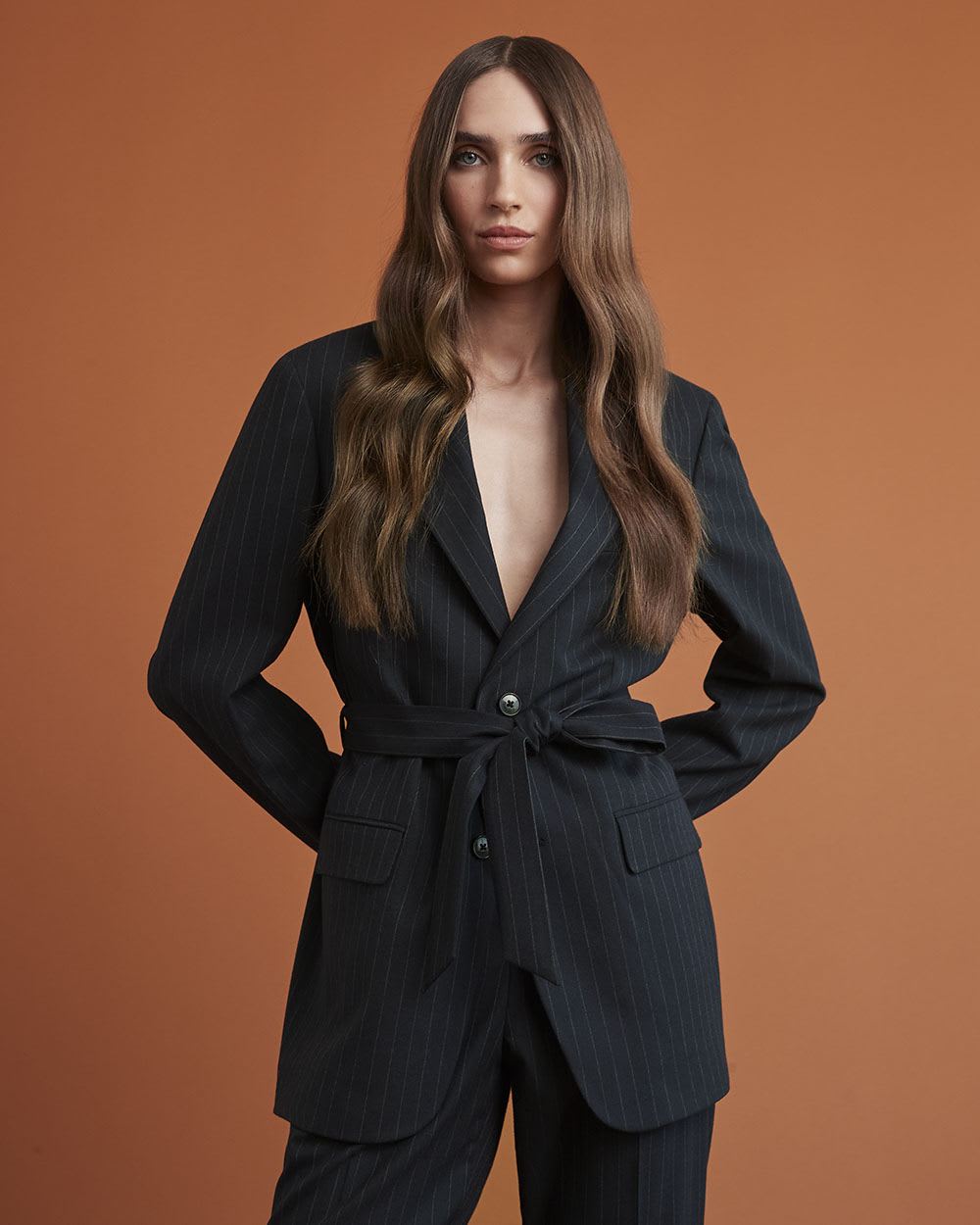 Gender-Neutral Navy Pinstriped Belted Blazer