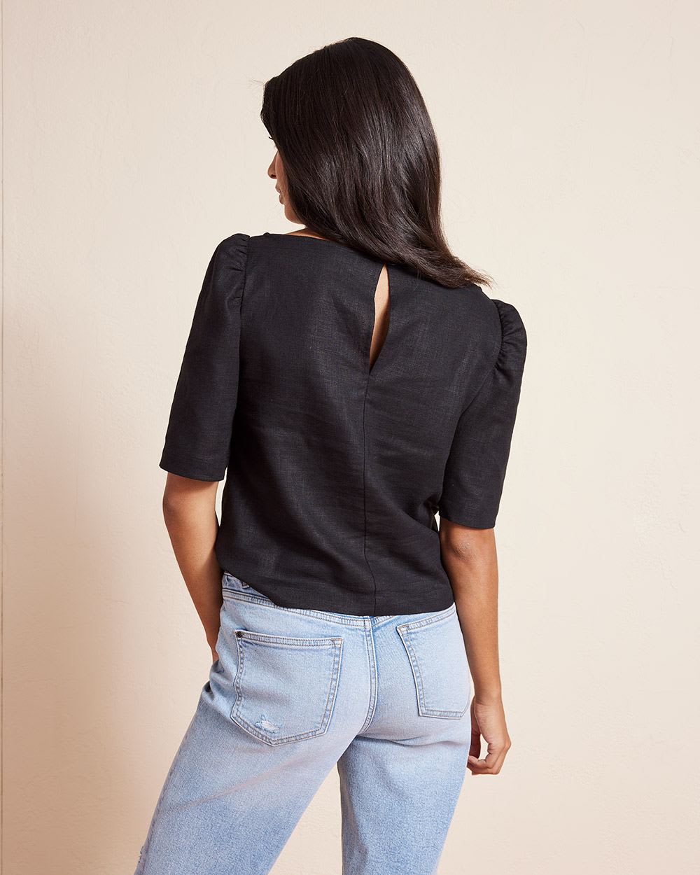 Short-Sleeve Popover Linen Blouse