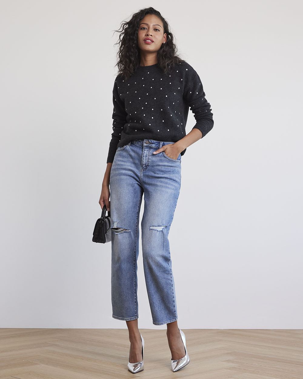 Long-Sleeve Crew-Neck Sweater with Embroidered Pattern