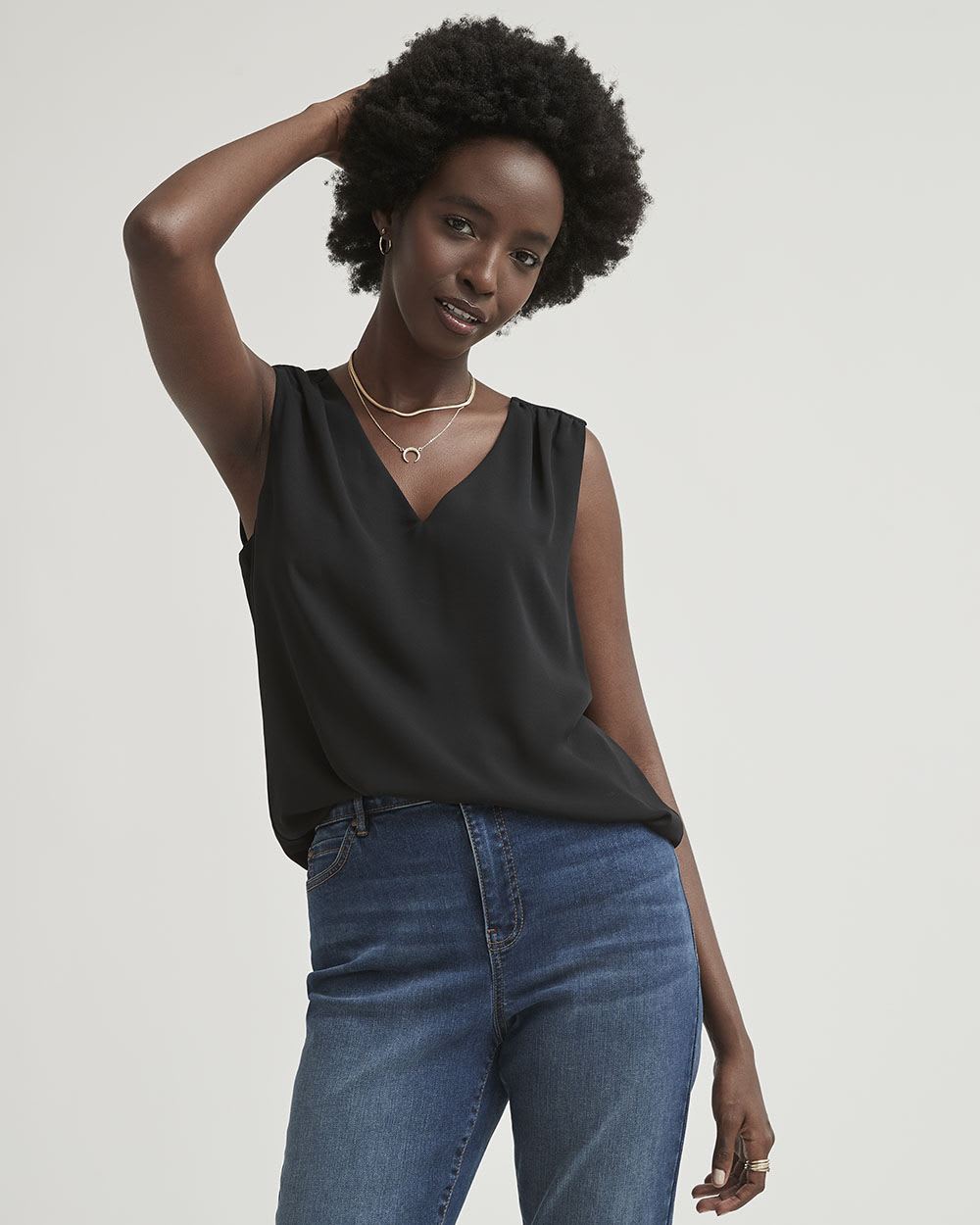 Silky Crepe Shirred V-Neck Cami