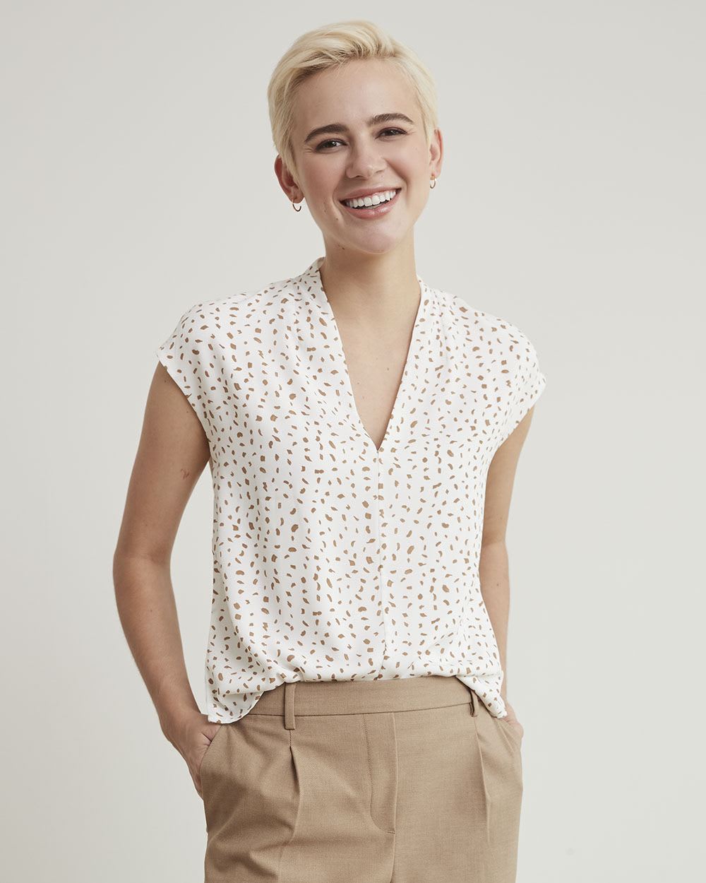 Mix-Media Extended-Sleeve V-Neck Top