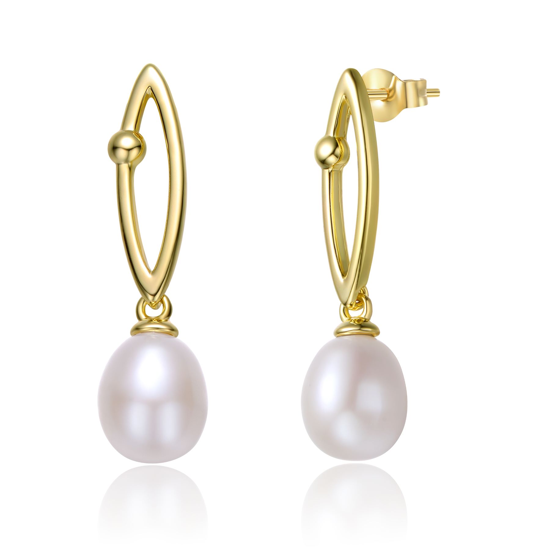 Sterling Silver 14k Yellow Gold Plated with Pearl & Cubic Zirconia Oblong Marquise Drop Earrings
