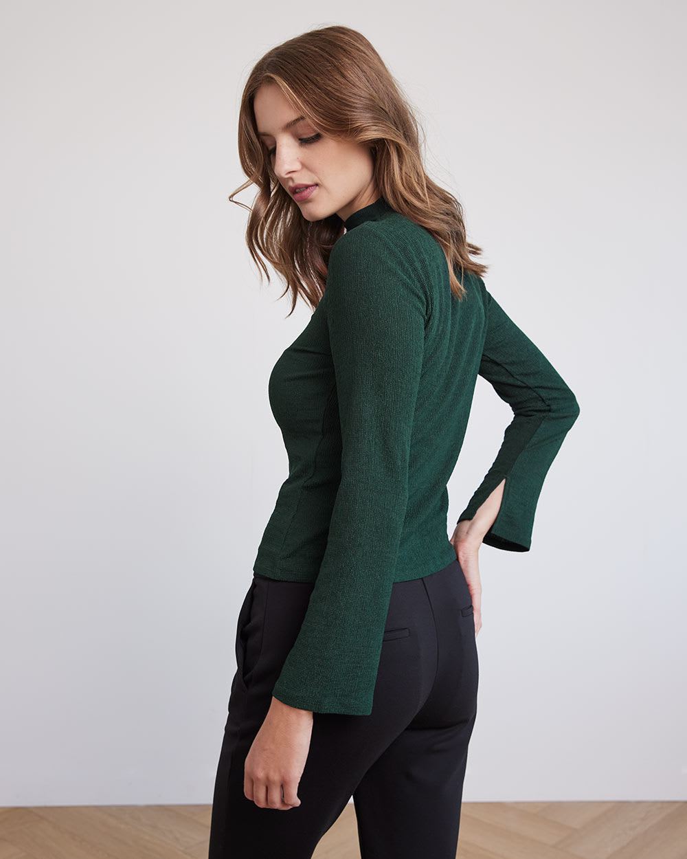 Long-Sleeve Crinkle Top with Funnel Neckline