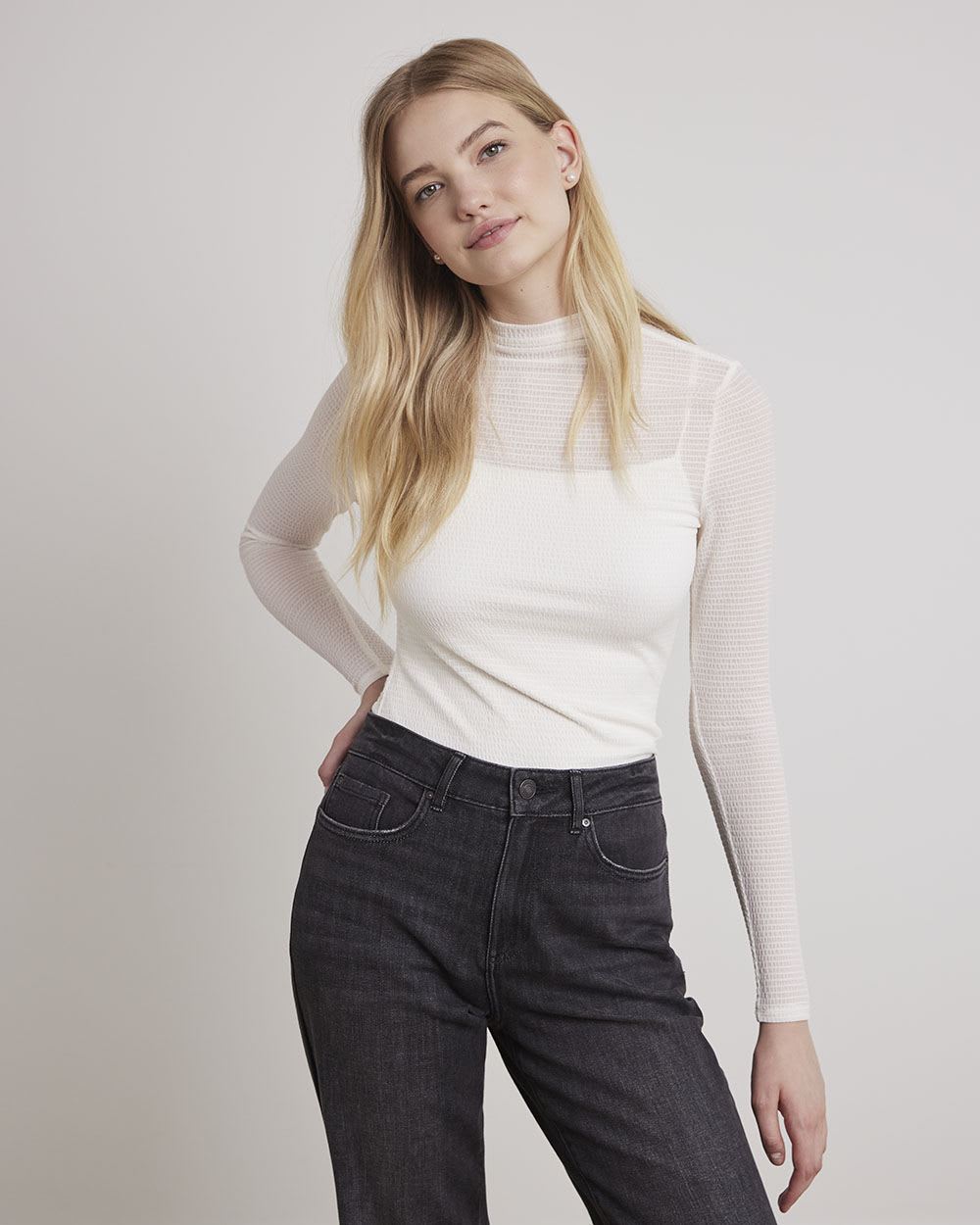 Long-Sleeve Mock-Neck Sheer Tee