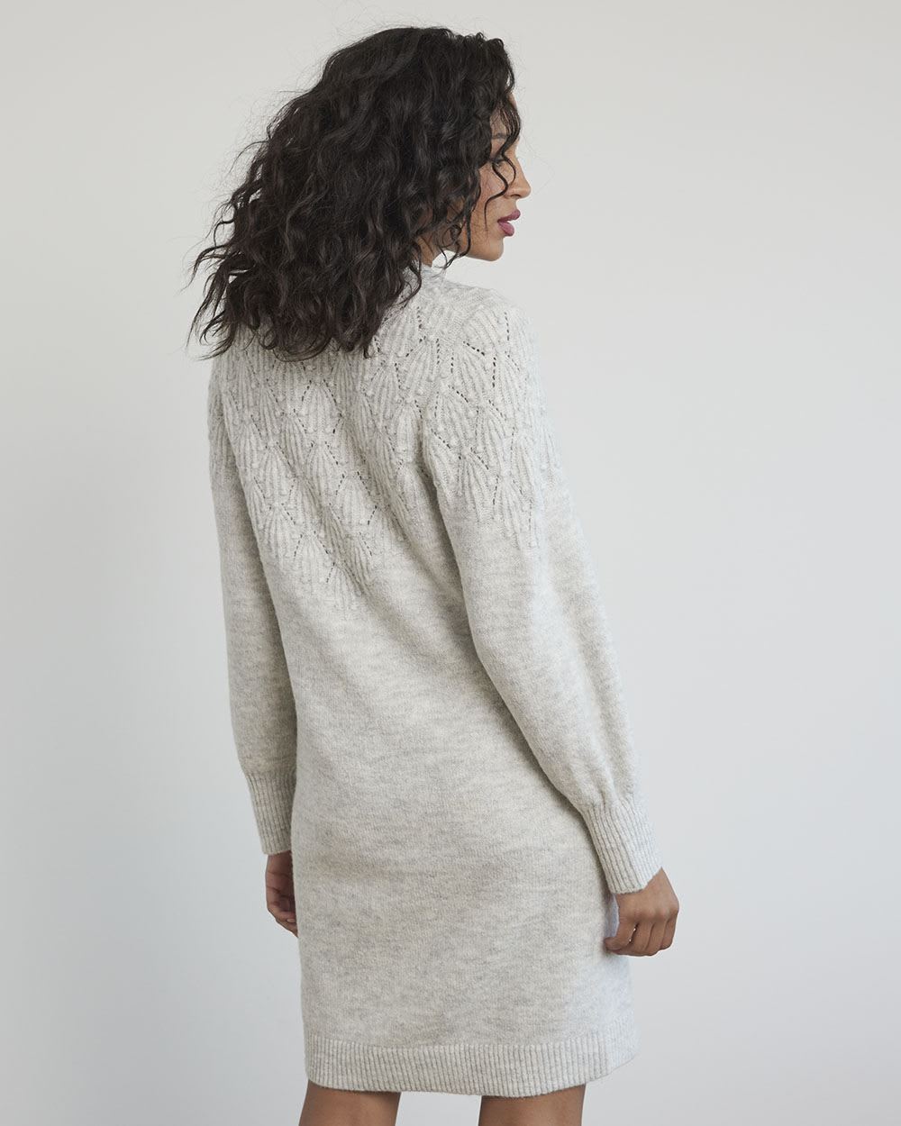 Long-Sleeve Crew-Neck Dress with Pompom Stitches