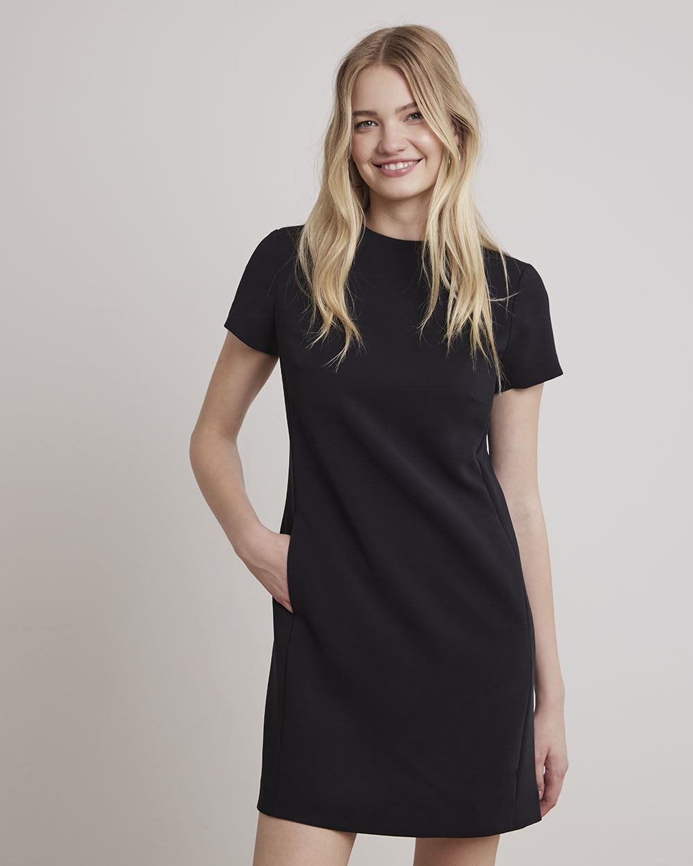 Short-Sleeve Straight Dress with Mock Neckline