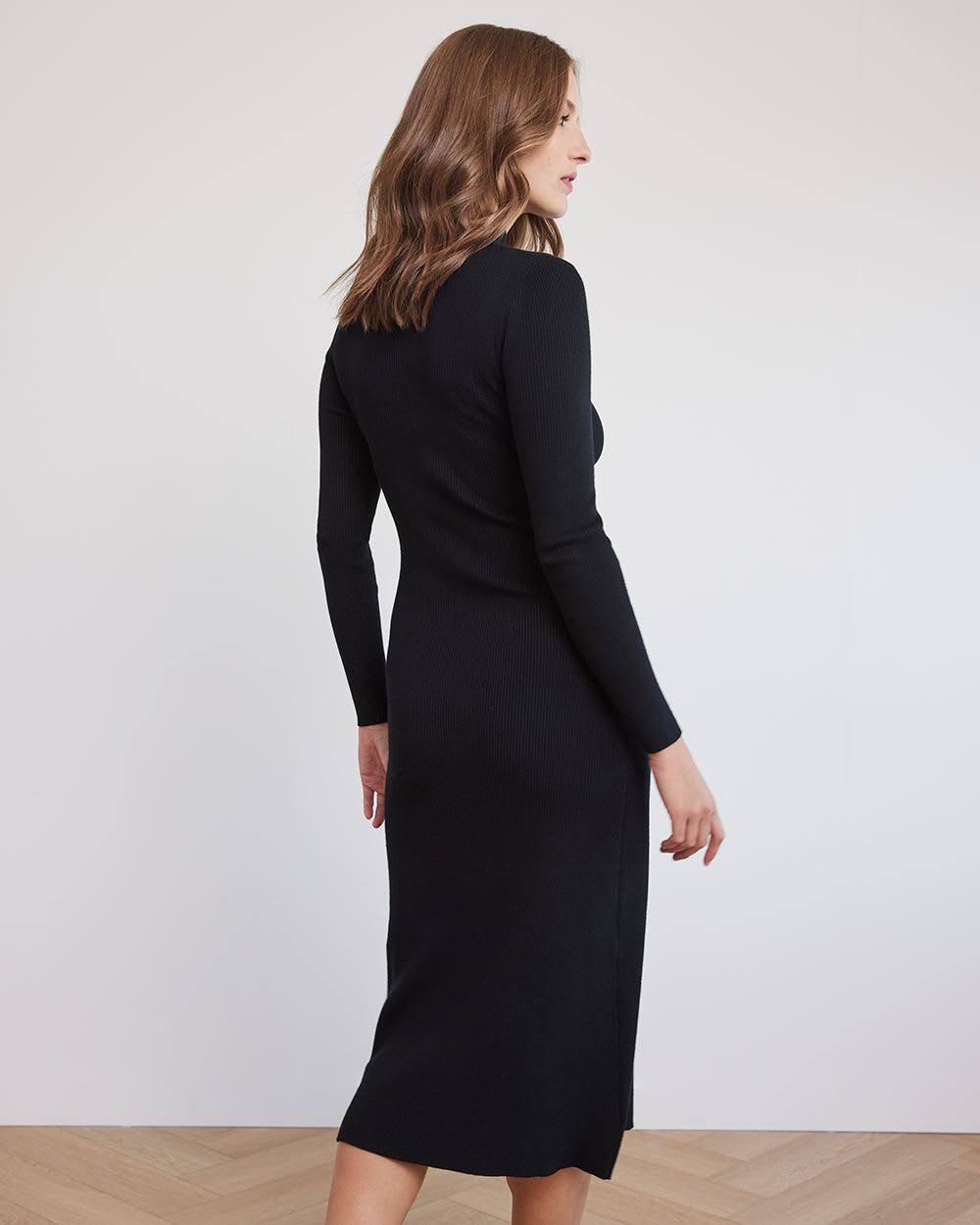 Long-Sleeve Mock-Neck Fitted Midi Dress