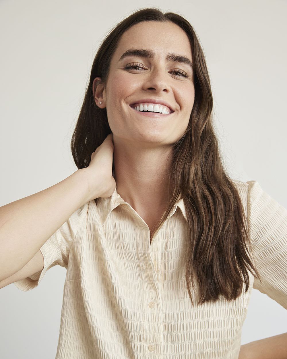 Short-Sleeve Buttoned-Down Textured Blouse