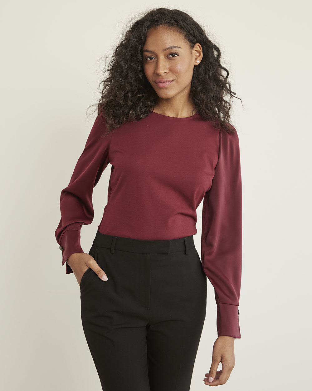 Mix-Media Crew-Neck T-Shirt with Long Puffy Sleeves
