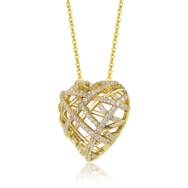 Sterling Silver 14k Yellow Gold Plated with Cubic Zirconia Knotted Ribbon 3D Puffed Heart Pendant Necklace