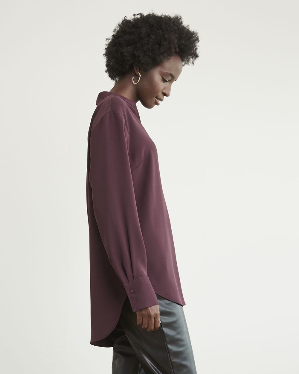 Long-Sleeve Fluid Twill Tunic with V Neckline