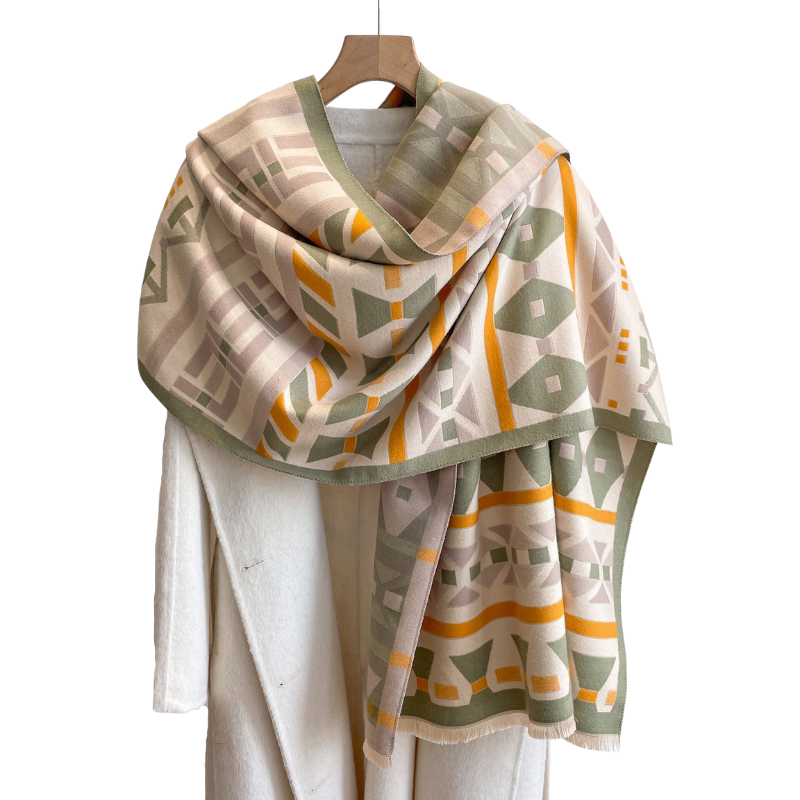 Beige, Olive Green & Orange Geometric Patterned Scarf - Don't AsK
