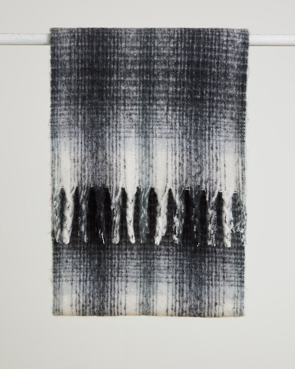 Black and White Plaid Blanket Scarf with Fringes