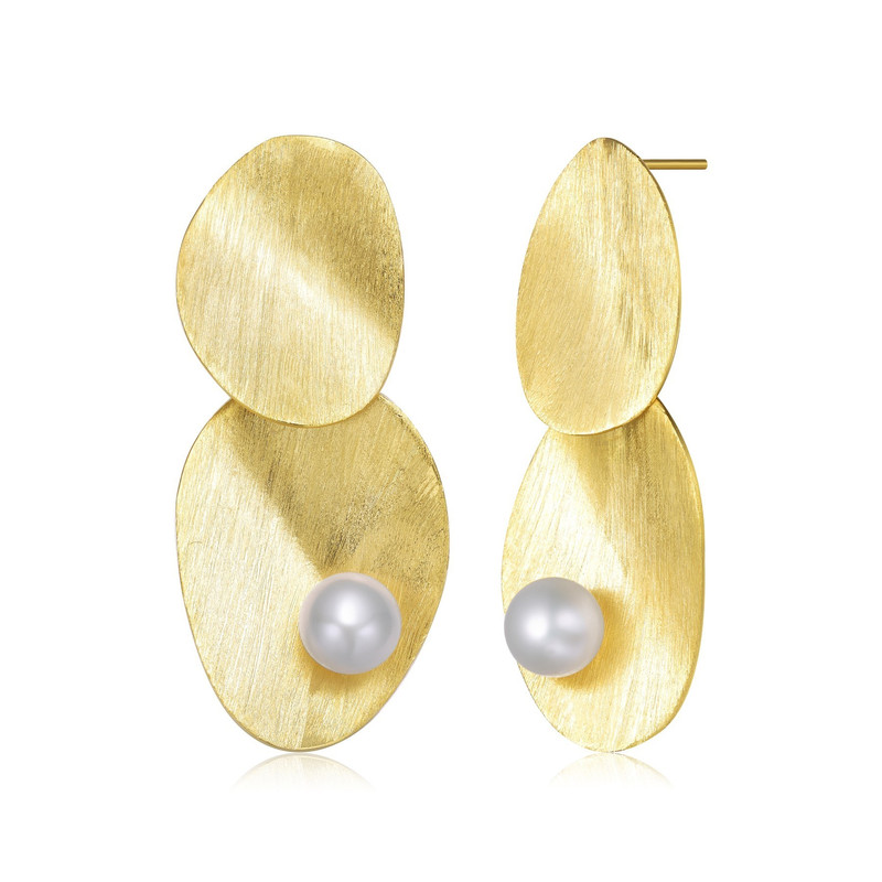 Sterling Silver 14k Yellow Gold Plated with Genuine Freshwater Pearl Unique Dangle Earrings